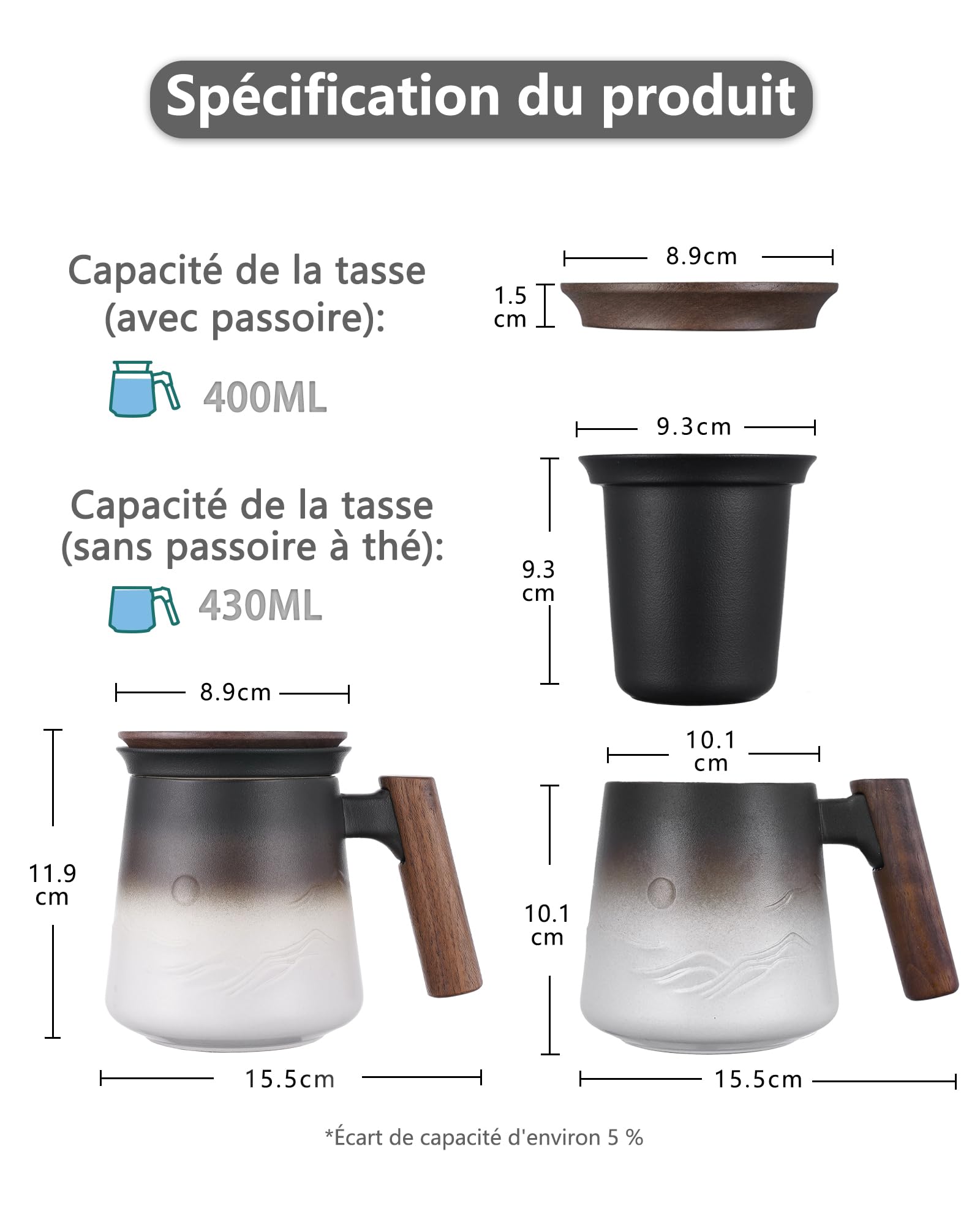 ZENS Tazza da tè in rilievo in ceramica (430 ml) tazza a the con infusore e coperchio Manico in legno, Fogli mobili tazza con coperchio & colino per gli amanti del tè Regali