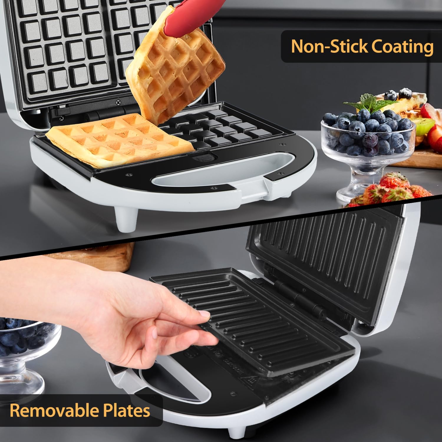 Aigostar Sandwichera 3 en 1: Sandwichera, Gofrera y Grill, 750W, 3 Placas Desmontables Antiadherentes e Intercambiables, Indicador Luminoso, Termostato, Gris, Grace