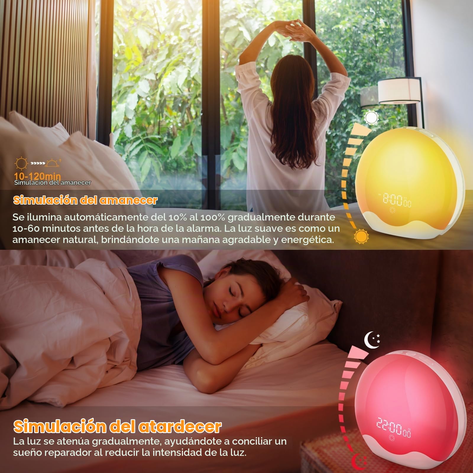Cadrim Despertador con Luz, Simulación de Amanecer y Atardecer, Radio FM, 5 Sonidos de la Naturaleza, 2 Alarmas, Repetición, Luz de 12 Colores, Plástico Blanco