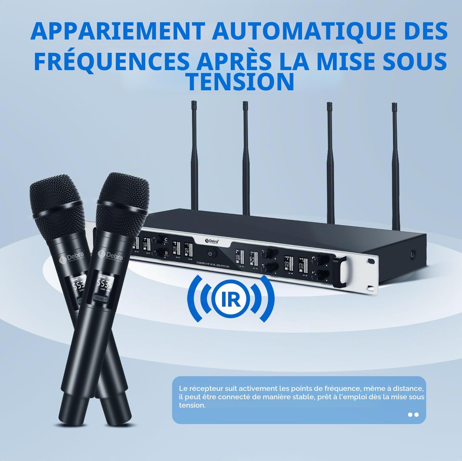 D Debra DU8008 Système de Micro sans Fil UHF - 8 Micros Main, Plug & Play, Fréquence Ajustable, Portée 80m, Idéal pour Karaoké/Conférences/Scène