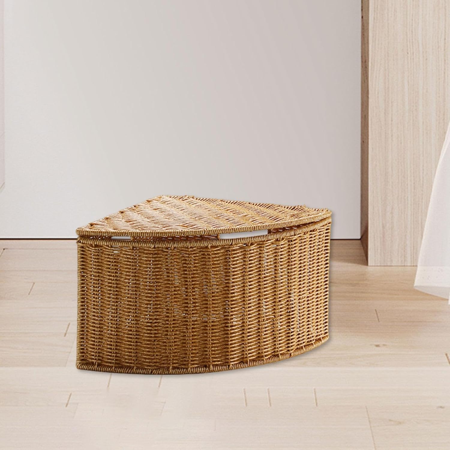 Corner Storage Basket with Lid, Fan Shape Triangle Basket, Large Capacity Sundries Organizer Bins, Rustic Decorative Baskets for Office/Pantry/Living Room/Bedroom/Entryway, B 41.5x30x21cm