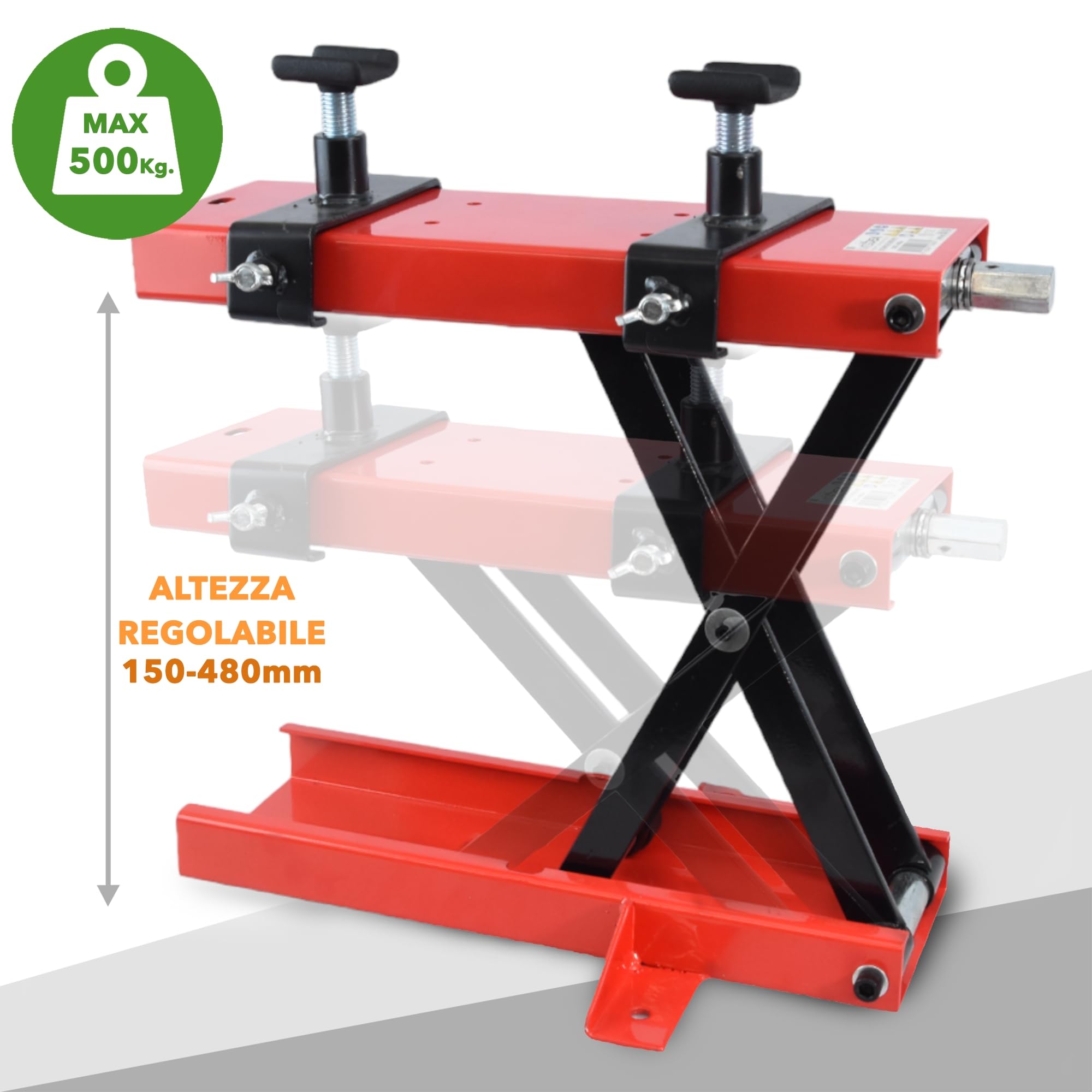 Alzamoto Pedana Centrale Sollevatore Moto Sollevamento Cross Custom Scooter Portata 500 kg in Metallo con madrevite in Metallo + Supporti Anti graffio Culla Motore Bike Enduro Garage Officina