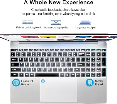 15.6 Inch Backlit Keyboard Laptop, DDR3 8GB SSD 512GB, Celeron 6500 Y Processor (Up to 3.4GHz), with Fingerprint Recognition,WiFi,USB 3.0, Webcam, HDMI, Ultral Light Laptop for Students and Business