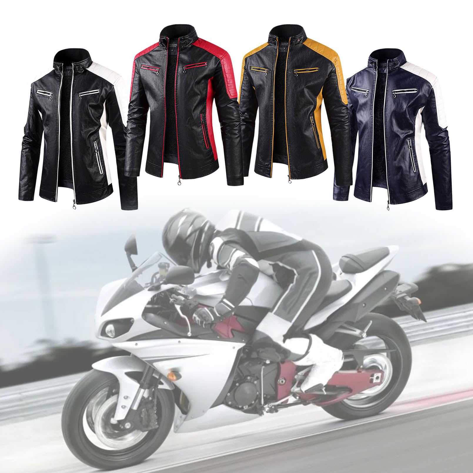 Chaquetas De Moto con Cremallera Completa para Hombre Ropa De Cuero con Cuello Alto para MV Traje De Carreras con Estampado De Patchwork Prendas-Yellow||M