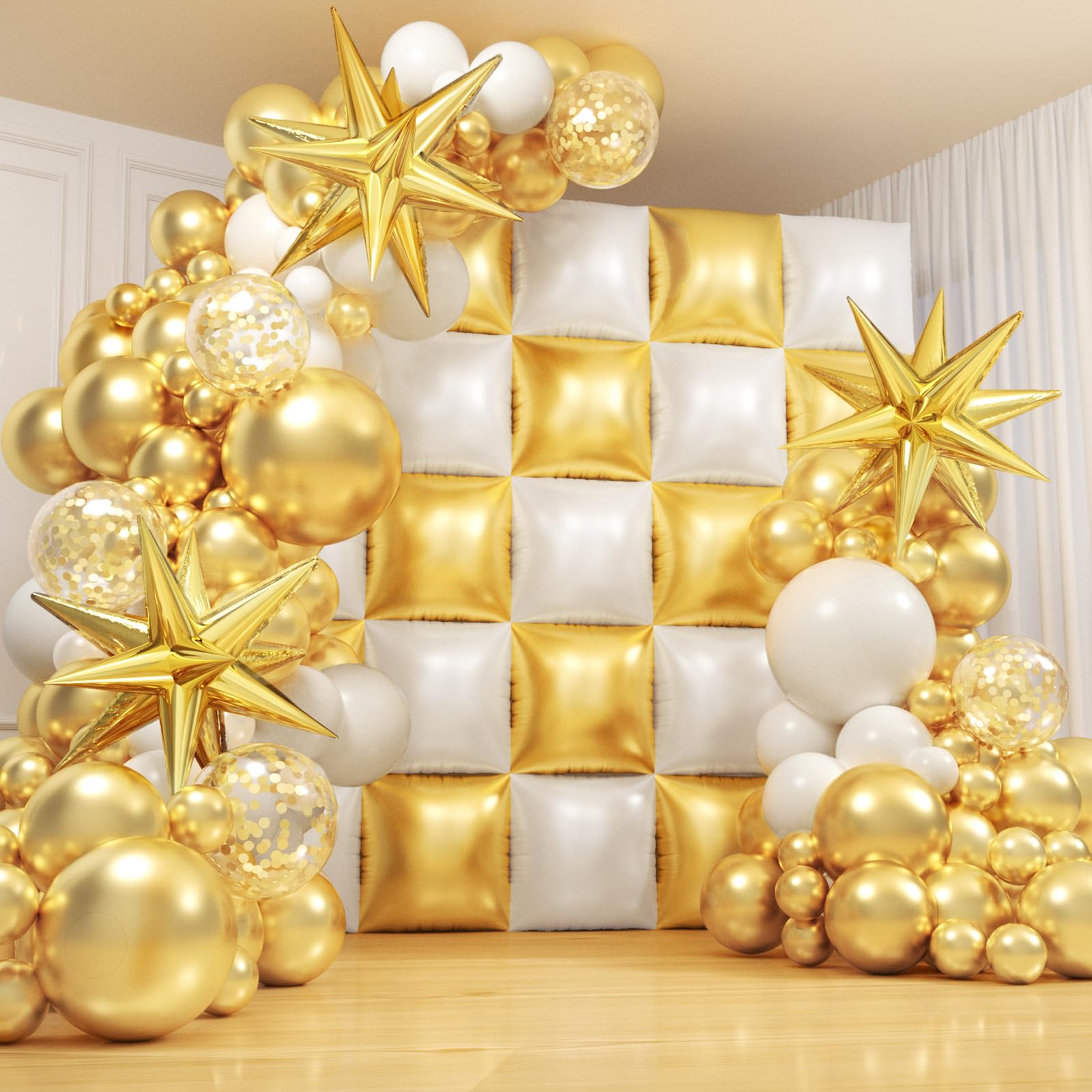 Photo 1 of 152Pcs Gold and White Foil Square Balloon Wall Backdrop with White and Gold Latex Balloons Arch Garland Kit, Double Sided Balloon Tunnel for Birthday Bridal Shower Baby Shower Anniversary Decorations