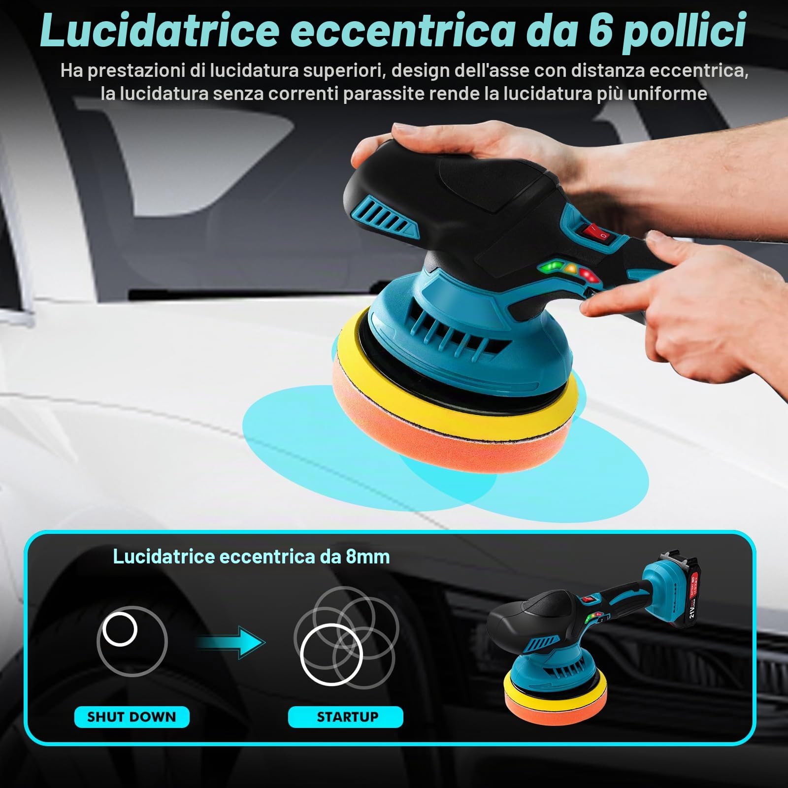 Lucidatrice Senza Fili, Lucidatrice per Auto da 6 Pollici, con 2 Batterie da 21 V, 1500 Mah e 13 Pezzi, 6 Velocità Variabile 5500 Rpm, Kit Lucidatura Orbitale per Lucidatura Ceratura Levigatura