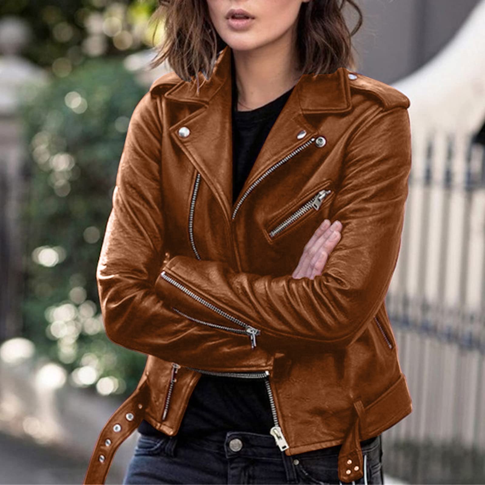 Veste en cuir synthétique à manches longues et fermeture éclair pour femme - Grande taille