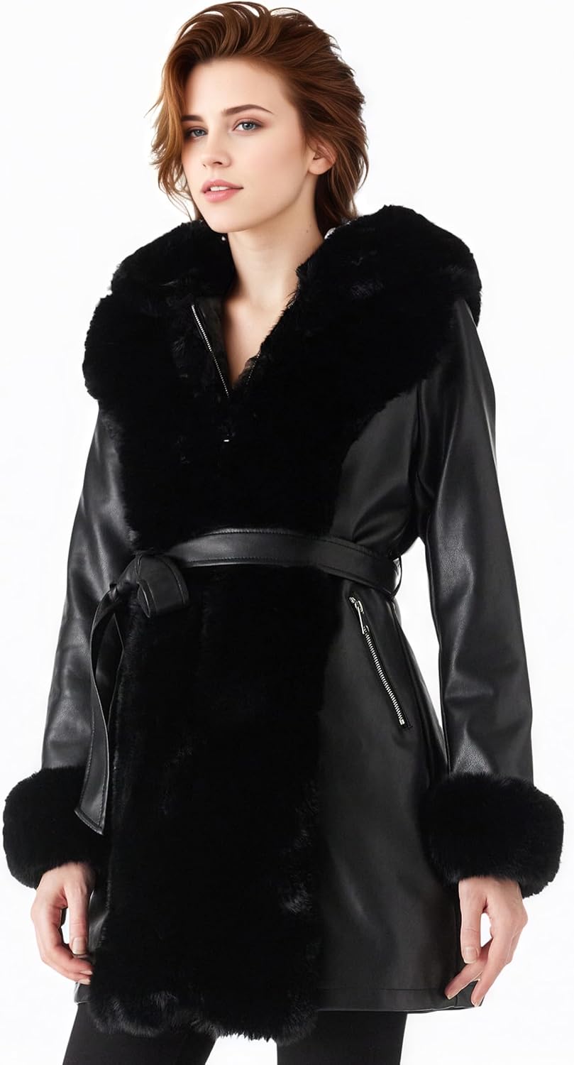 RISISSIDA Luxurious Women Winter Fur Lined Coat, Leather Jacket with Hooded Long Fur Collar, Thick Warm Heavy Overcoat Belted - Image 2