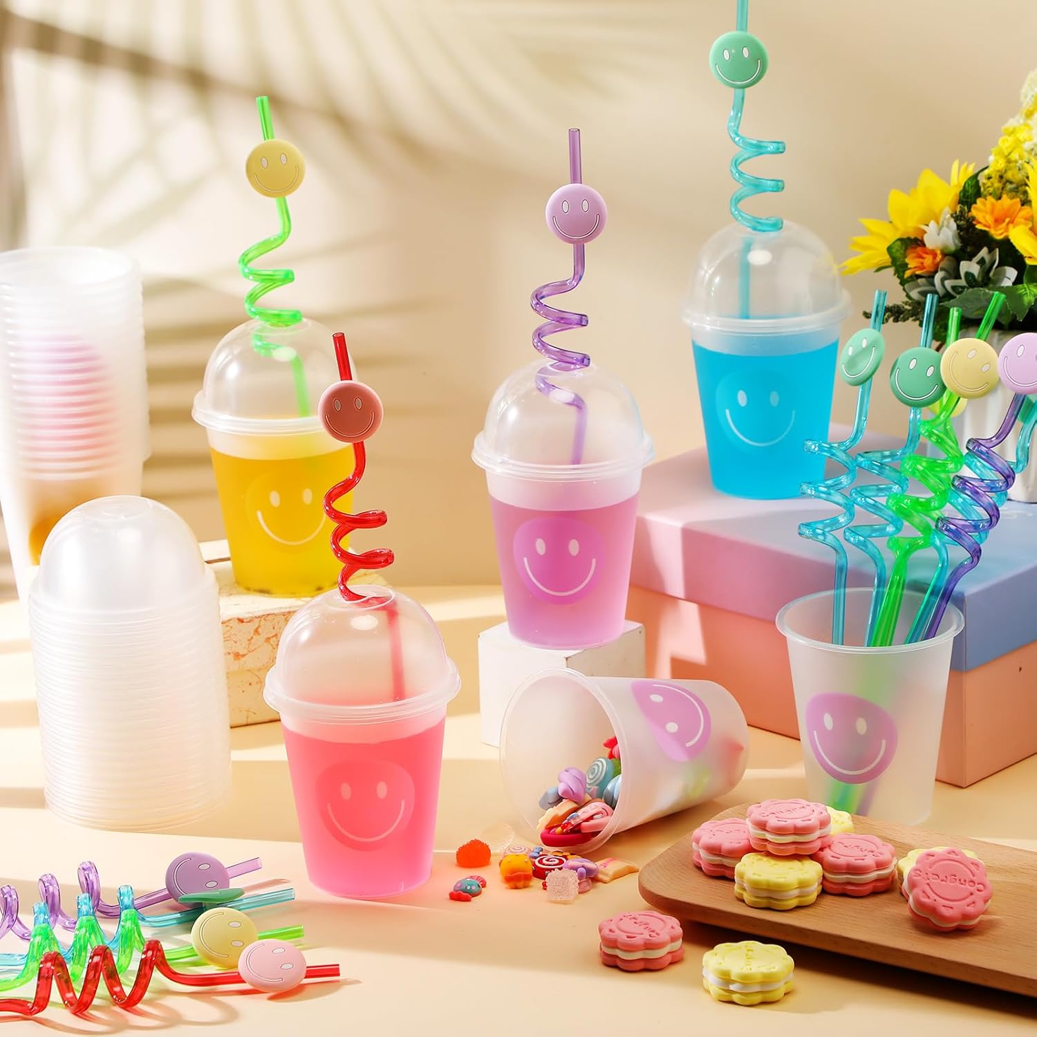 Yaomiao Smile Face Sipper Cups with Straws and Lids, 12 oz Clear Plastic Cups Happy Face Party Cups with Dome Lids Happy Party Favors for Kids, Tea, Coffee, Smoothie, Cold Drinks(32 Pack) - Image 7
