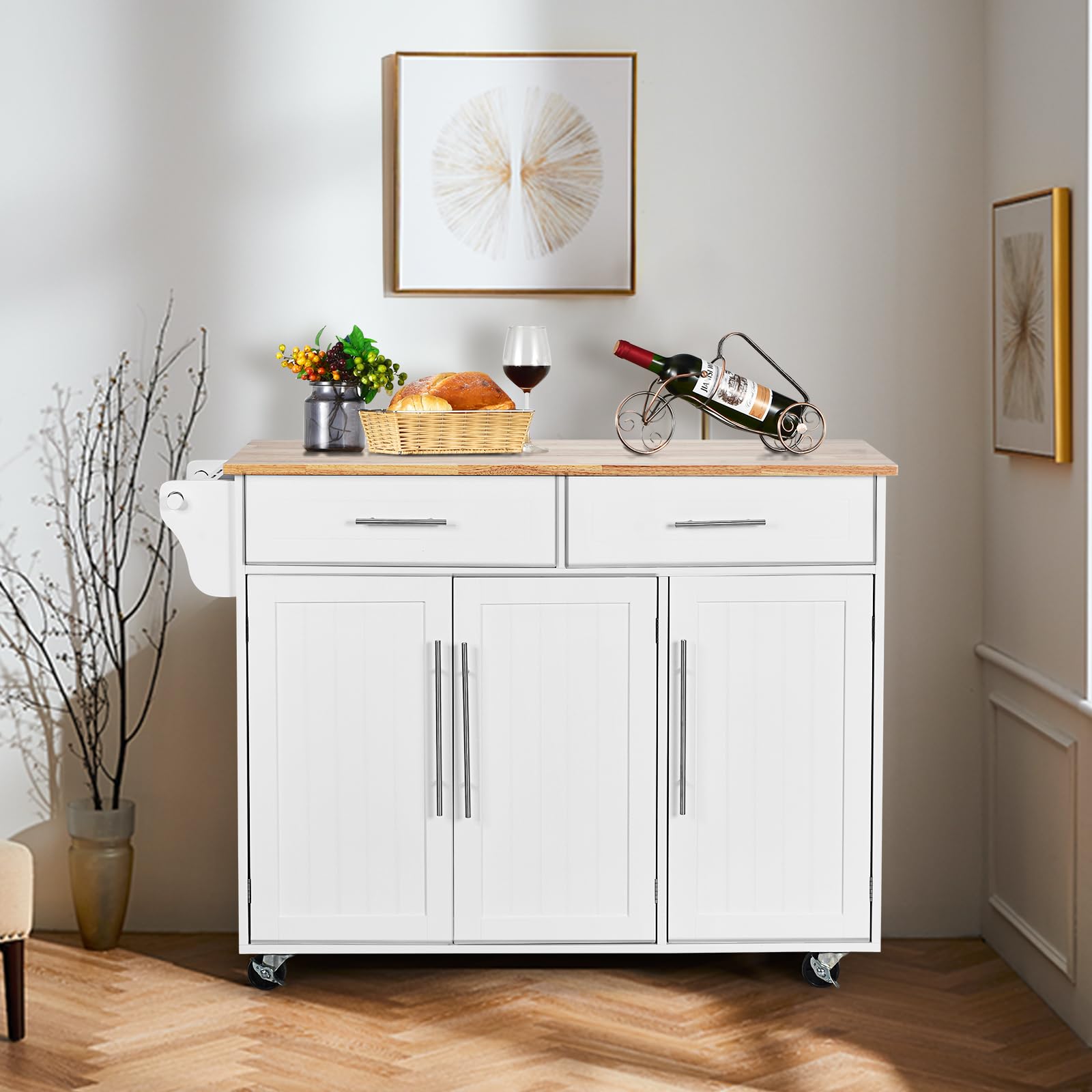 KOMFOTTEU Carrito de Cocina con Ruedas, Carro de Servicio con Encimera de Madera de Caucho, Isla de Cocina con Cajones, Toallero y Estantes Ajustables, Carrito Auxiliar, 122 x 46 x 92 cm (Blanco)