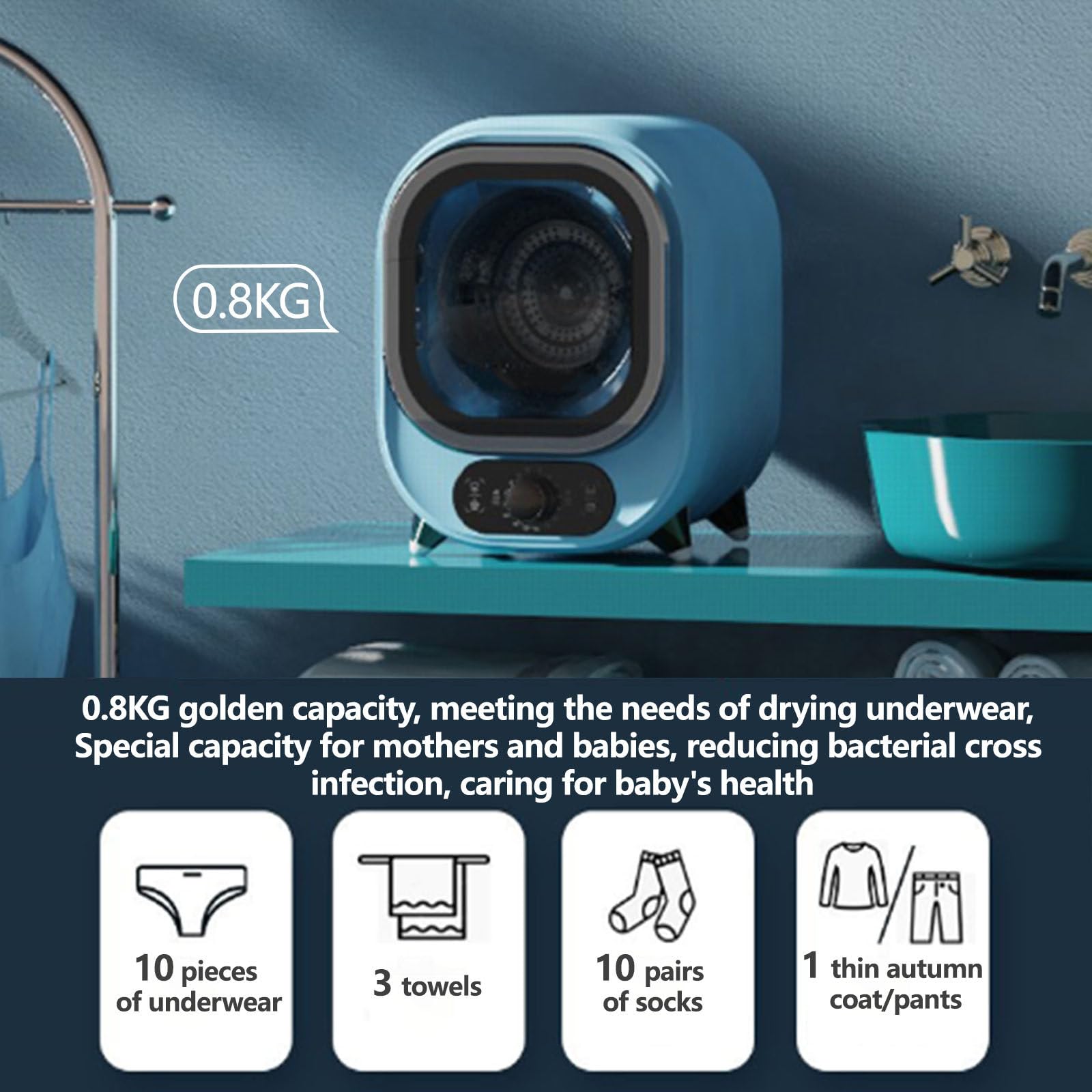 Secadora pequeña, secadora de escritorio portátil eléctrica, sondas de control de temperatura duales, capacidad de 0,8 kg, adecuada para apartamentos, dormitorios, vehículos recreativos,Blue
