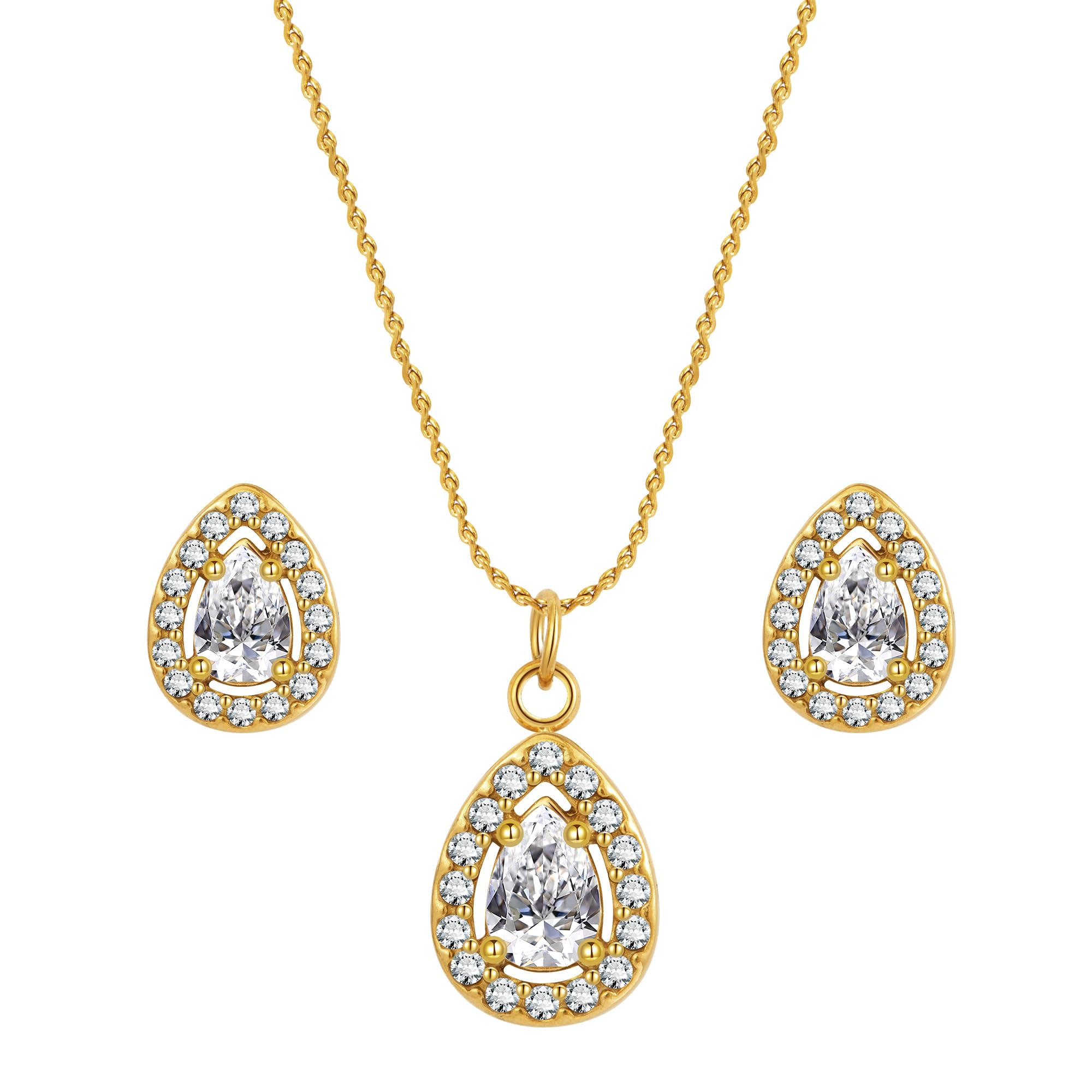 YeGieonr Conjunto de joyas para mujer, chapado en oro de 18 quilates, colgante de collar, pendientes de tuerca, conjunto de pendientes de circonita blanca, diamantes de imitación, collar de boda,