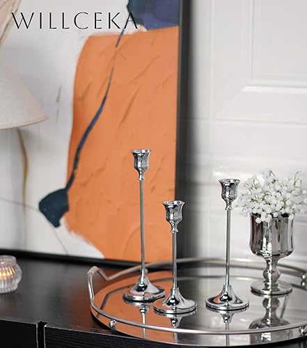 Miniatura 4 de Juego de 3 portavelas cónicos, juego de 3 portavelas plateados, centro de mesa vintage para bodas, Navidad y vacaciones