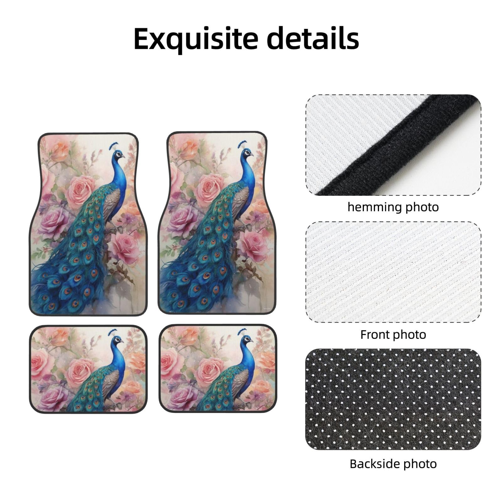Peacock with Roses Universal Front Rear Car Floor Mats for Truck SUV Van Sedans Automotive Liners Decorative Mats — view 3