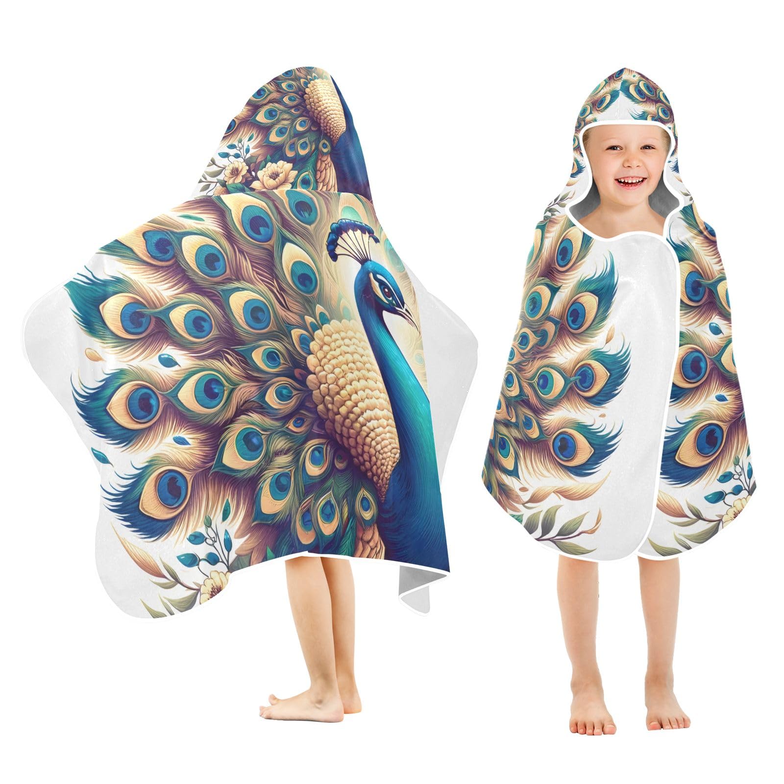 PIMILAGU A Beautiful Peacock Hooded Beach Towel for Kids, Kids Bath Hooded Towels for Boys Girls, Super Soft Absorbent Bathrobe with Hood for Swin
