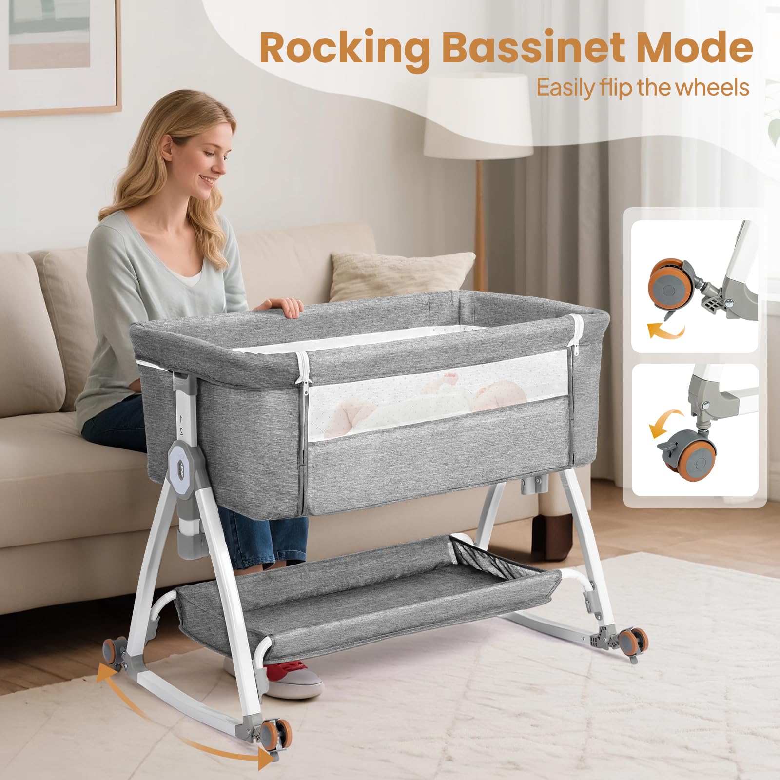 Condition photo showing Good Condition for JOYMOR 3 in 1 Baby Bassinet, Bedside Bassinet for Baby, with Comfy Mattress and Wheels, 6 Height Adjustable Easy Folding Portable Bedside Crib for Newborn (Gray)