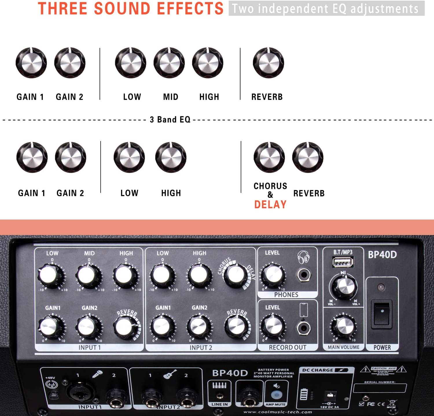 Coolmusic BP40D Verstärker für Akustikgitarre, tragbar, Bluetooth-Lautsprecher, 80 W mit Batterie mit Reverb Chorus Delay Effekt, 6 Eingänge, 3-Band-Equalizer