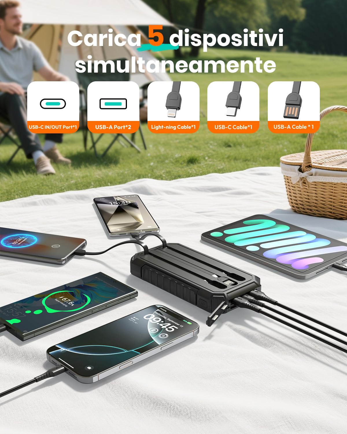 Power Bank Solar 20000mAh - 15W Caricatore Rapido Portatile 3 Cavi Integrati con Torcia LED - 5 Uscite, Caricatore Solare Cellulare per iPhone 17/16/15/14/13 e Android