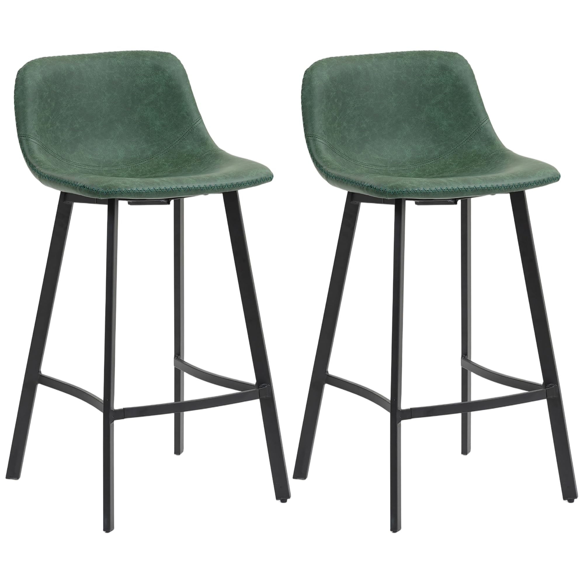 HOMCOM Juego de 2 taburetes de bar tapizados en piel sintética con respaldo, reposapiés y patas de acero, taburetes de comedor para cocina, mostrador, barra de desayuno, color verde