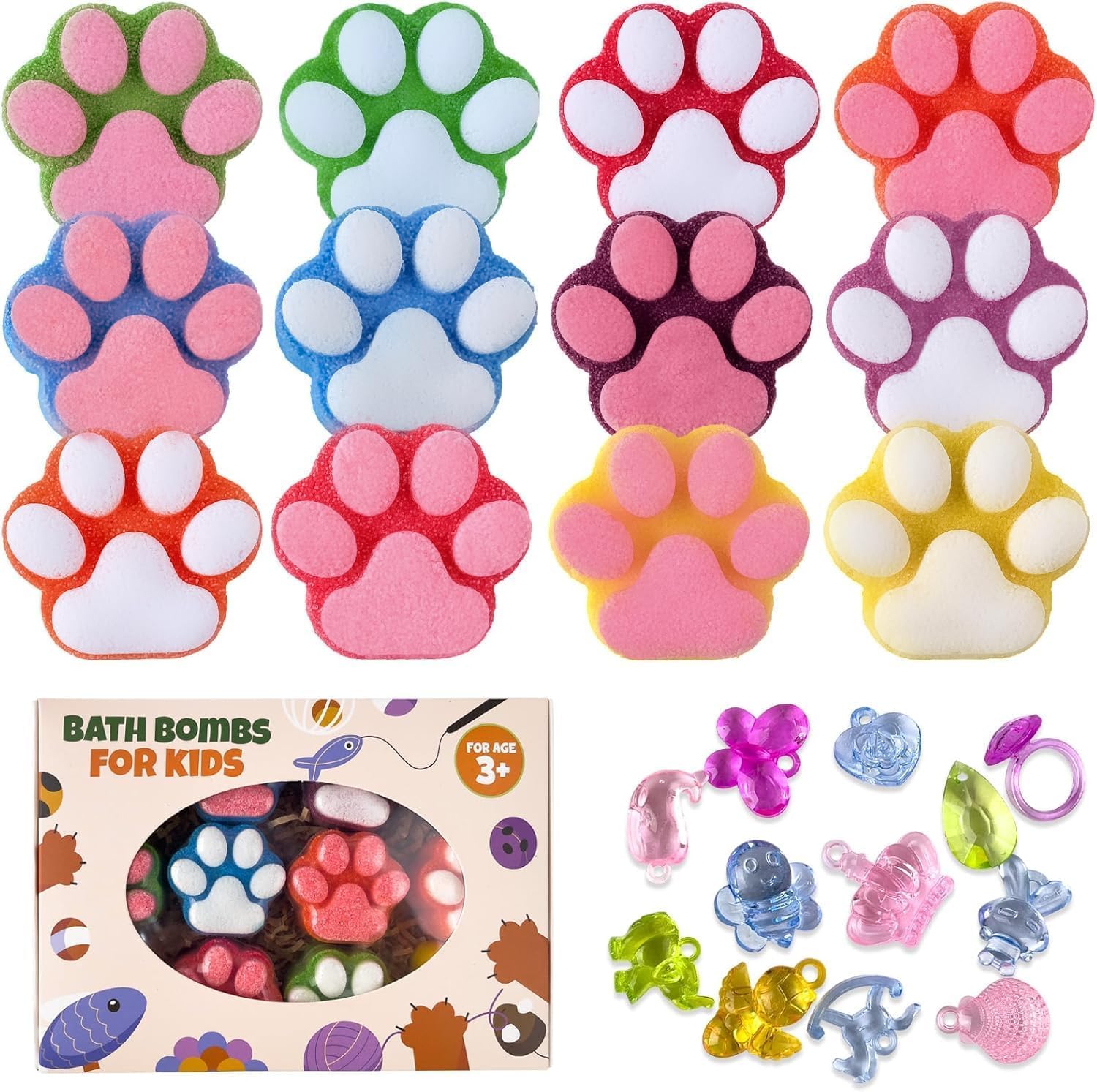 Bombe de bain patte pour enfants avec jouet surprise - 12 pièces artisanales aux cristaux étincelants - Kit cadeau SPA pour Noël et anniversaire (filles et garçons)