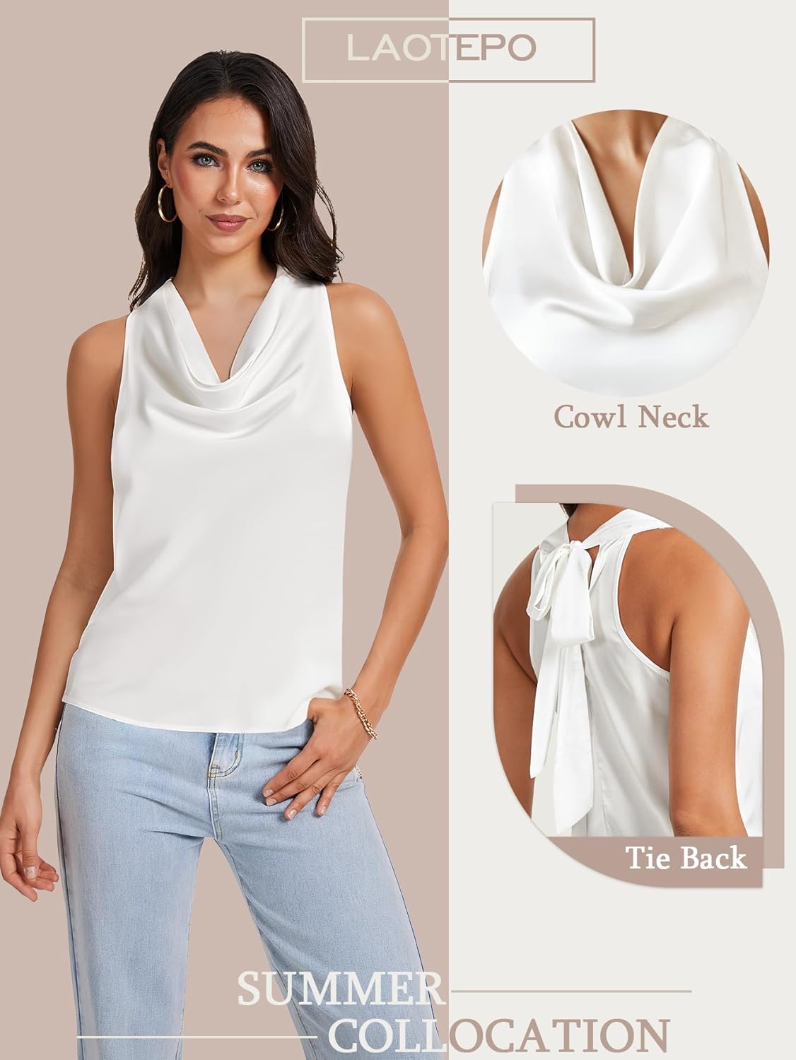 Cowl Neck Halter Tops for Women Silk Satin Going Out Tank Top Trendy Summer Camisole Business Casual Blouses Outfits - Image 3