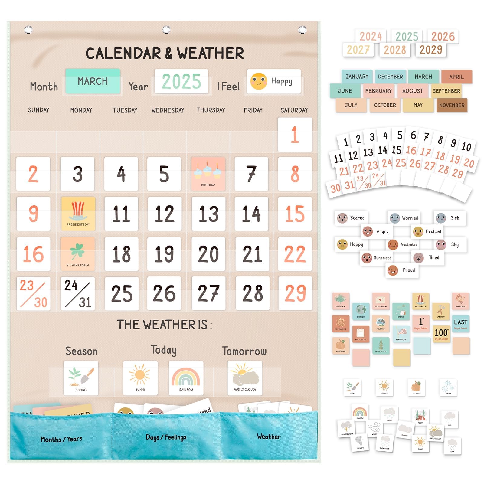Classroom Boho Calendar &amp; Weather Pocket Chart with 111 Cards, Circle Time Learning Center for Kids and Toddler, Preschool Must Haves!