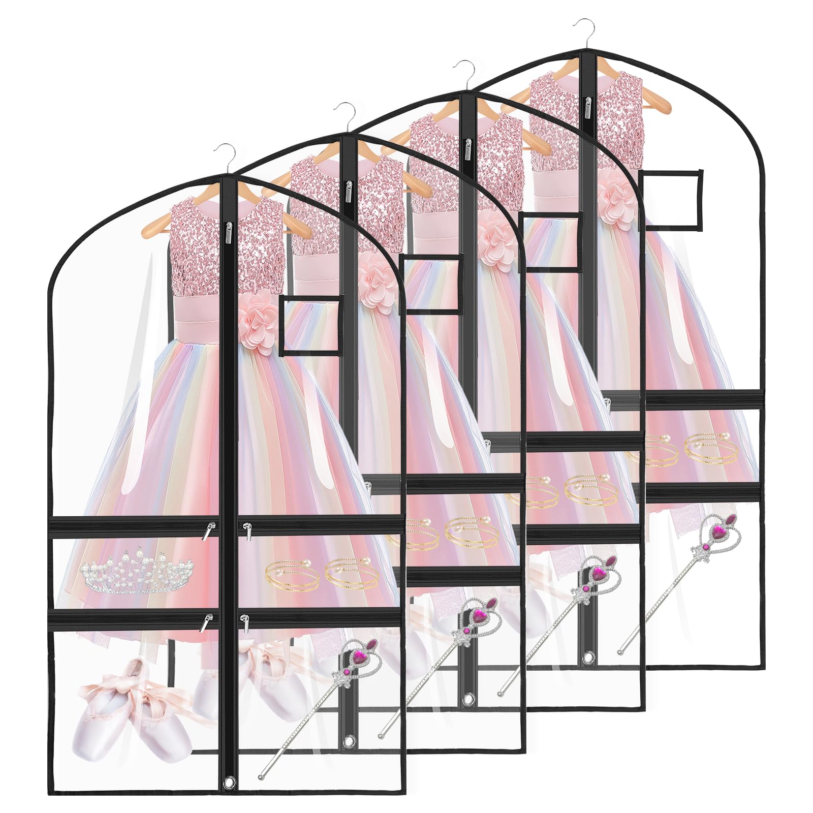 Qinglang 4 Pack Dance Costume Bag 40" Pvc Clear Waterproof Hanging Garment Bags With 4 Pockets And Id Slot Pockets Dustproof Foldable Suit Bag For Dance Competition, Recital, Travel & Closet Storage(4 Pack)