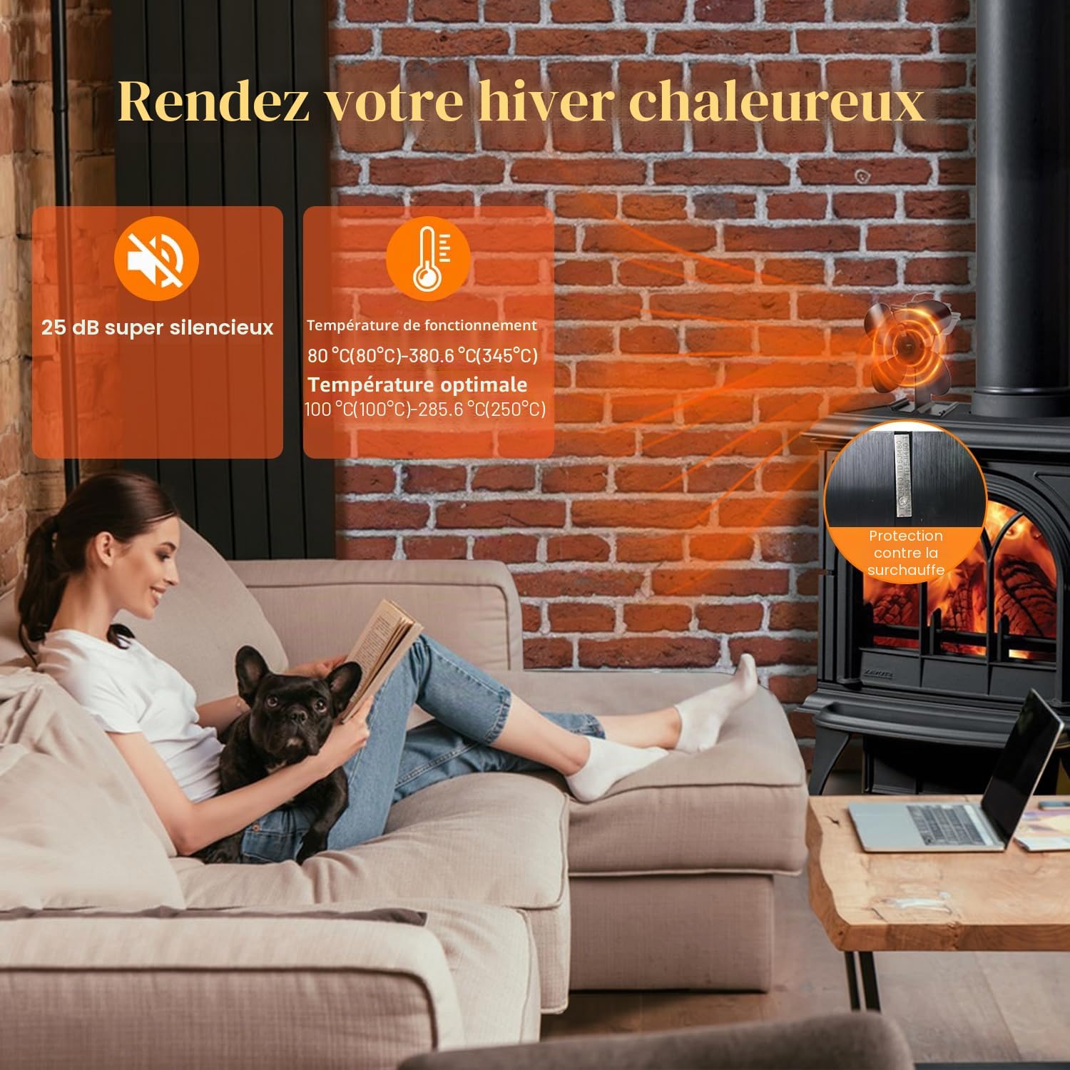 Ventilateur à 4 pales alimenté par la chaleur pour poêle à bois/cheminée - Écologique et efficace