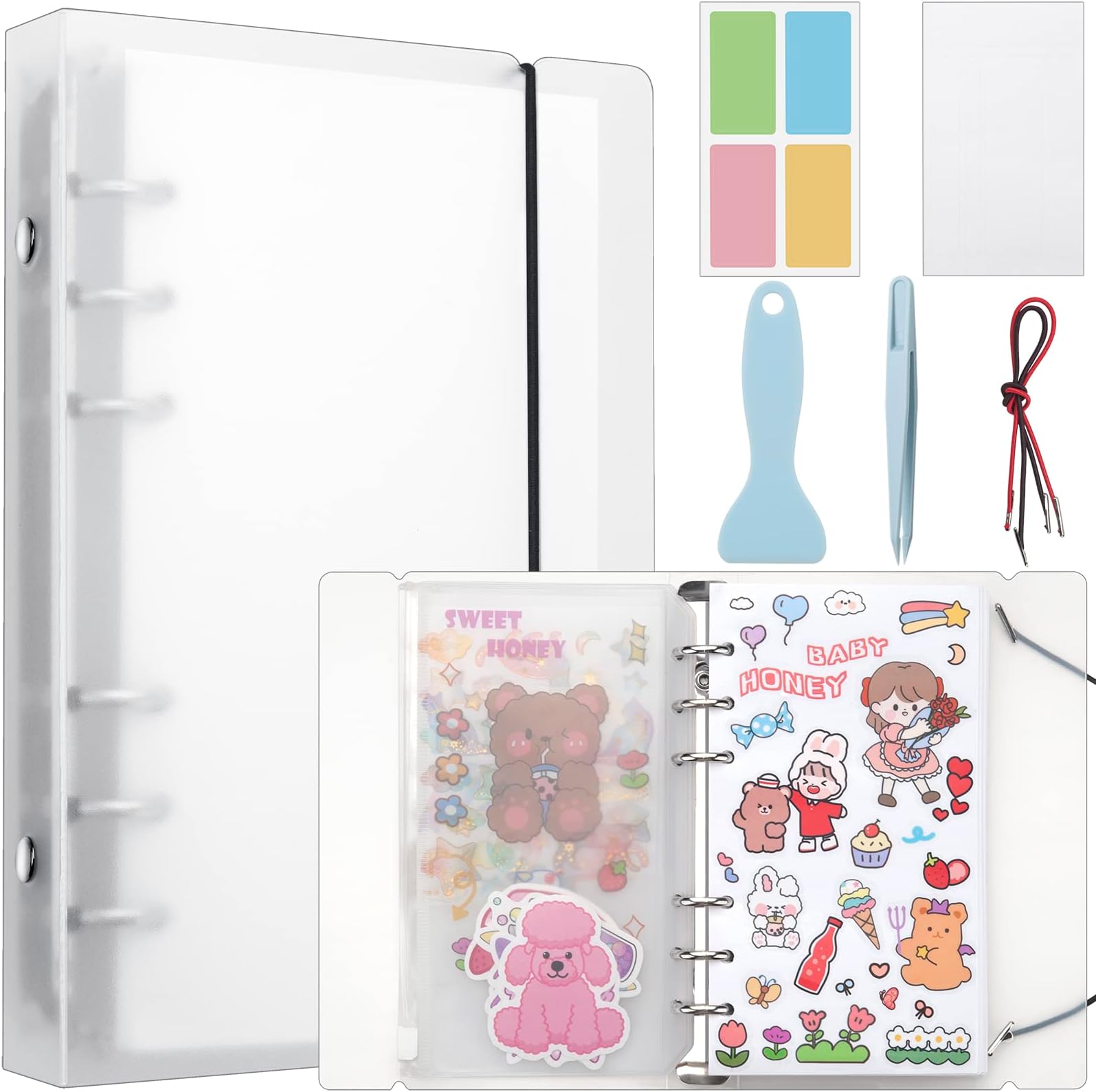 SUNEZLGO Reusable Sticker Book 100 Sheets, Sticker Collecting Book with Pockets, Sticker Collecting Album, Reusable Sticker Album, Blank Sticker Book with Tweezer and Spatula, A6