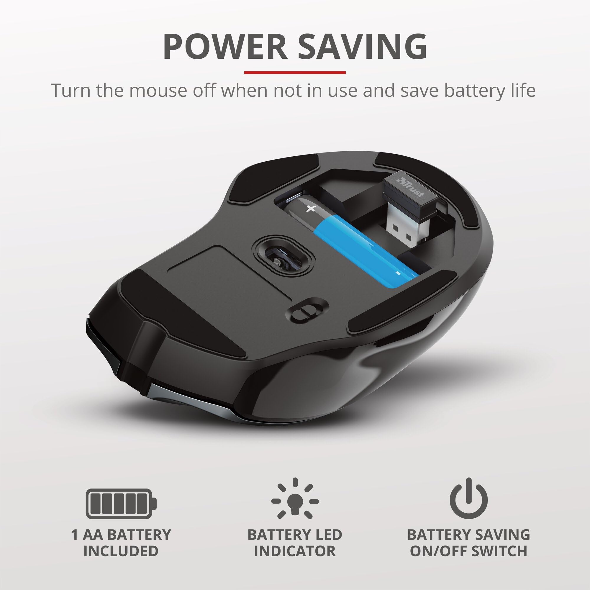 Trust Nito Mouse Wireless Ergonomico, Mouse senza Fili Confortevole, 6 Pulsanti, 800-2200 DPI, Microricevitore USB, Batteria Inclusa, Ufficio a Casa Mac PC Macbook Laptop Chromebook, Nero