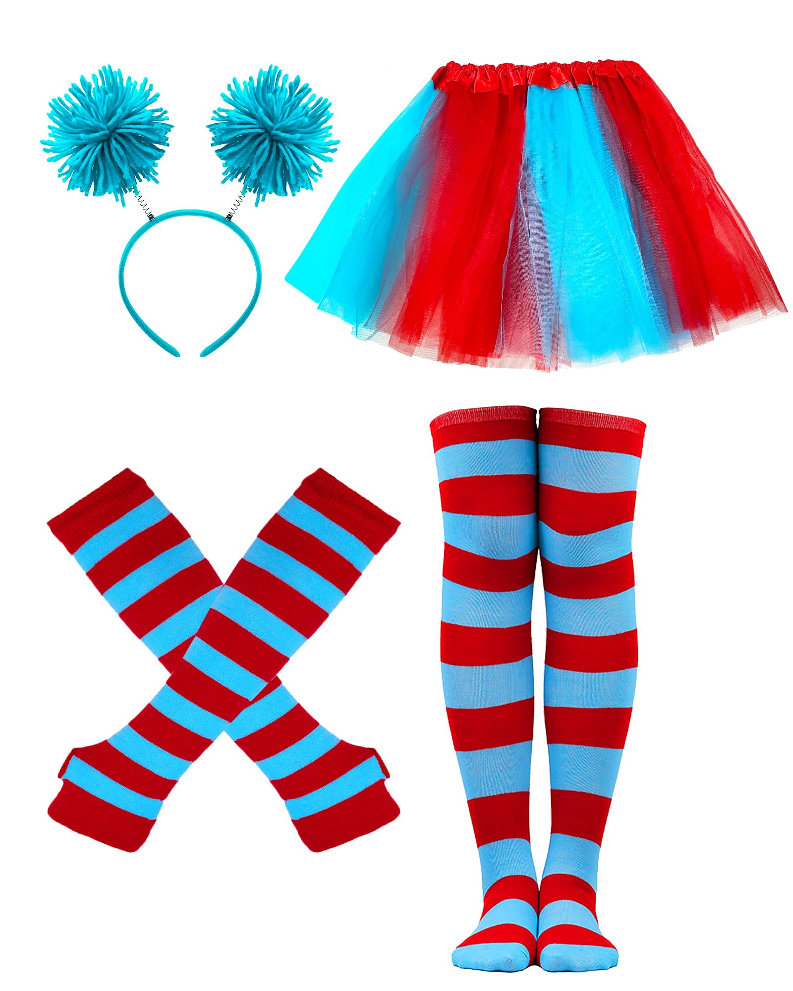 Women Costume Accessories Set Pom Pom Headband Red Blue Tutu Skirt Tutu Skirt Accessories Striped Socks Gloves for Halloween Party Supplies（Red and