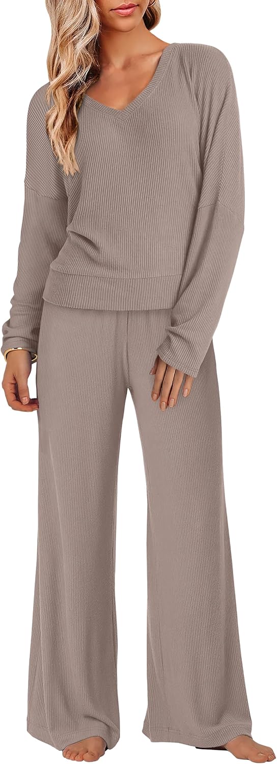 ANRABESS Womens Fleece Pajama Sets 2 Piece Outfits Matching Lounge Set Casual Ribbed Knit Long Sleeve Pj 2025 Fall Sleepwear