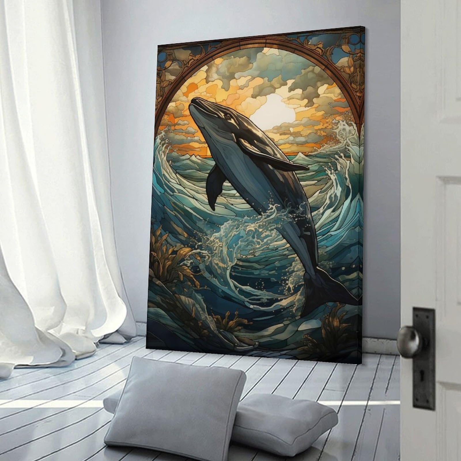 Junmoney Frame-Style-9 Blue Whale Stained Glass Wall Picture Print, 24X36inch(60X90cm), For Wall Displays, Bedrooms Or Room Updates, Decorative Artwork With Flexible Styling