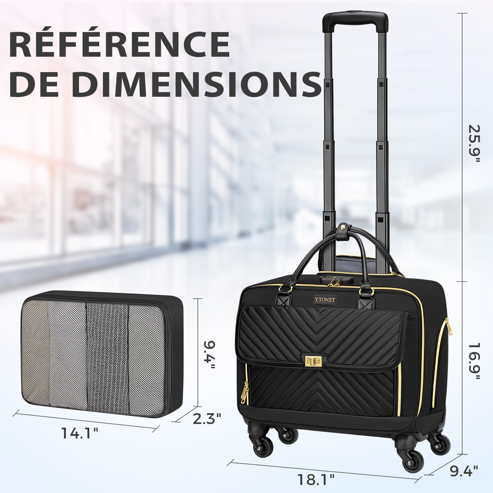 Ytonet Sac à Ordinateur Portable à roulettes 17.3 Pouces, Sac à roulettes pour Enseignantes avec Roue Universelle, Malette à roulettes de Verrou à Combinaison de Poches Rangement, pour École, Noir