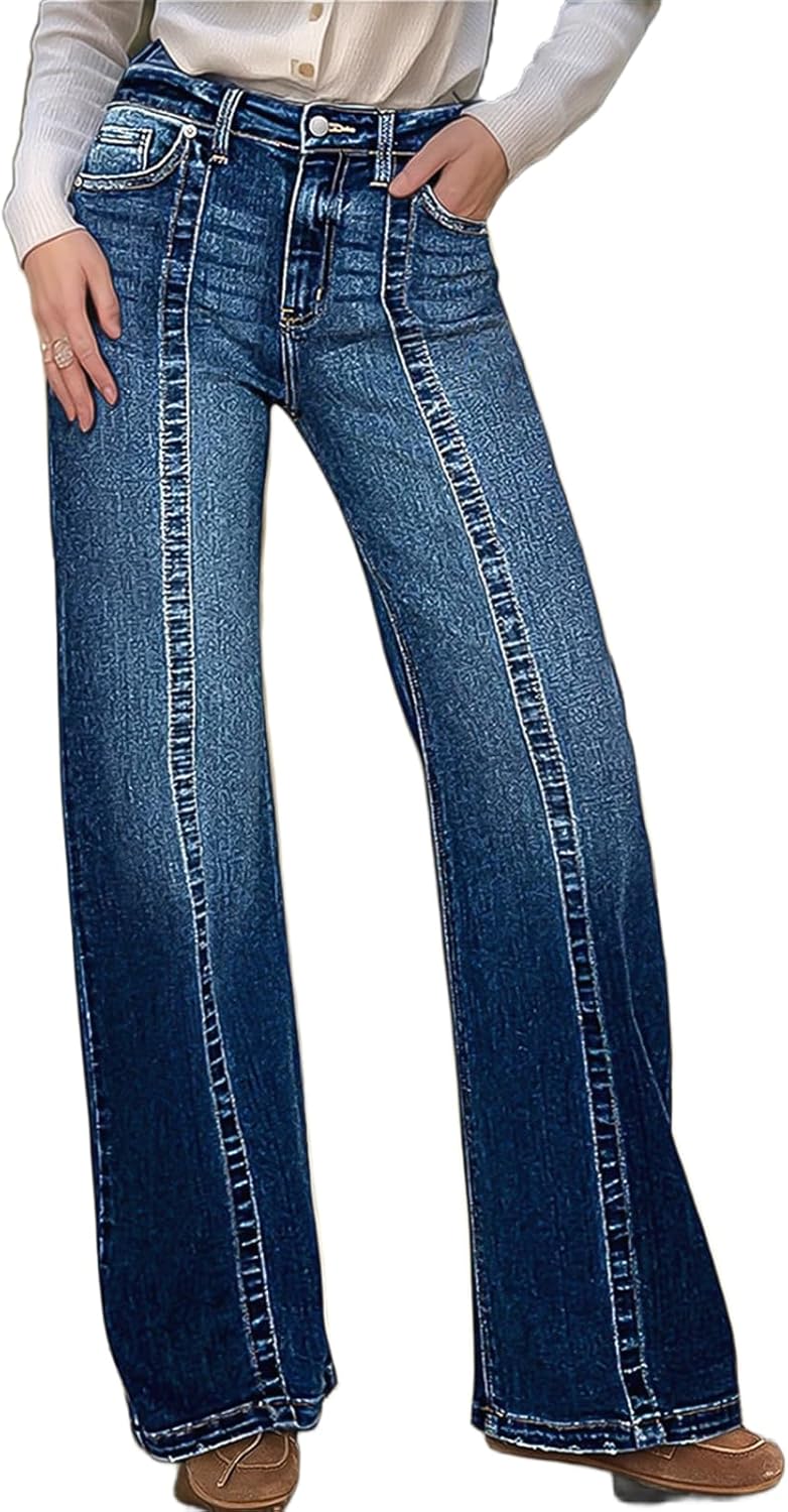 Flamingals Women’s High Rise Straight Leg Jeans Stretchy Baggy Boyfriend Wash Denim Jeans