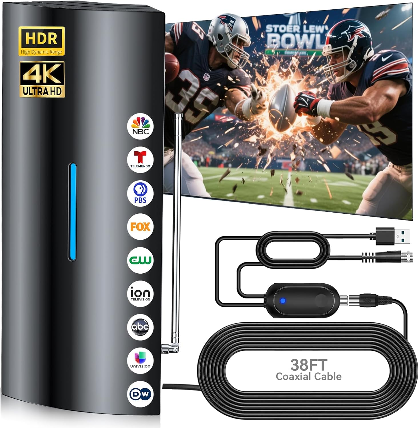 2800+ Miles Range Upgraded TV Antenna, Strongest Digital Antenna for Smart TV Indoor Outdoor with Amplifier, Long Range 360° Reception HD Local Channels, Supports 8K, 4K, 1080P for All TVs-38FT Cable Dark Black