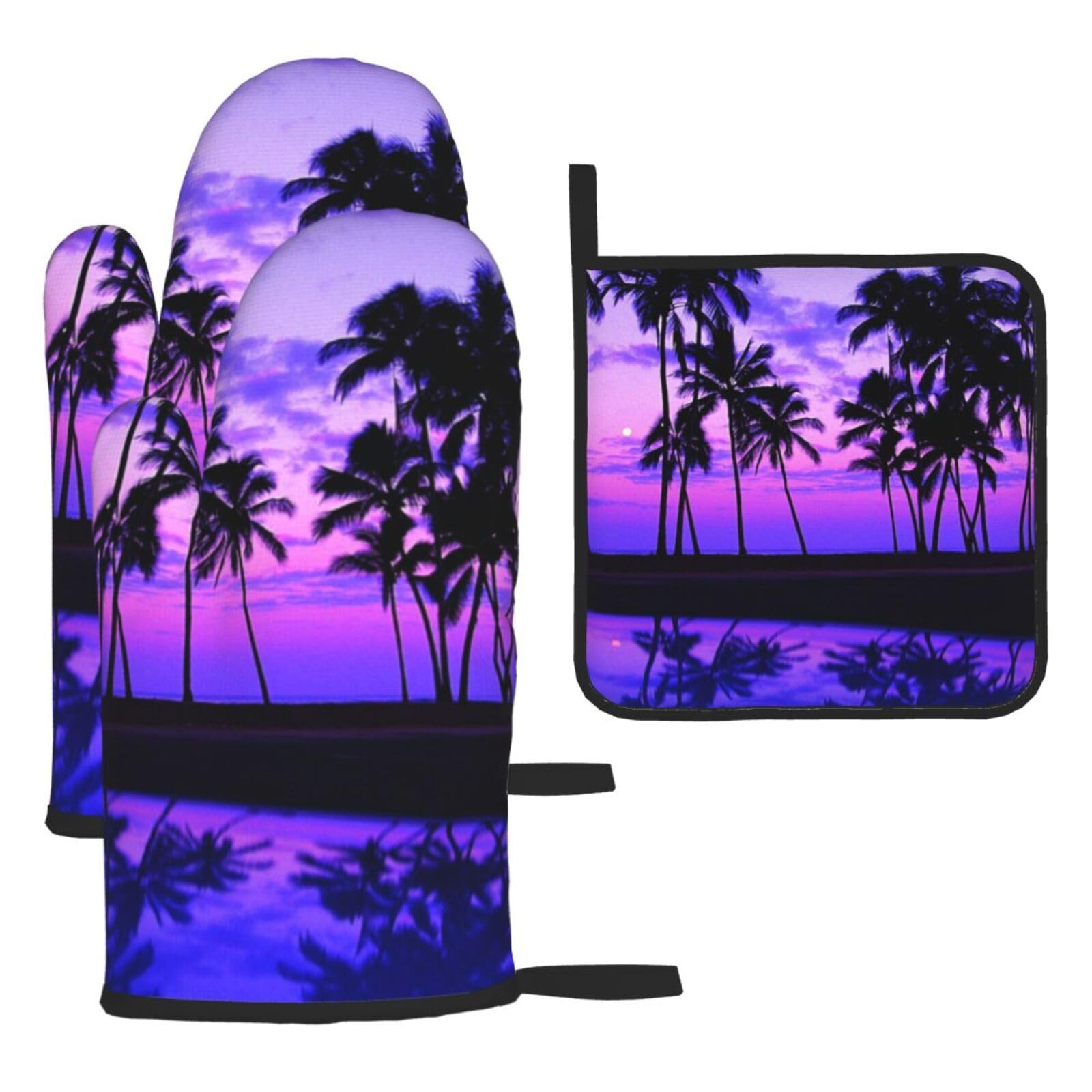 Palm Tree Purple Sunset Print Oven Set Kitchen Gloves Baking Grilling Microwaving Cooking Gift Everyday Holiday