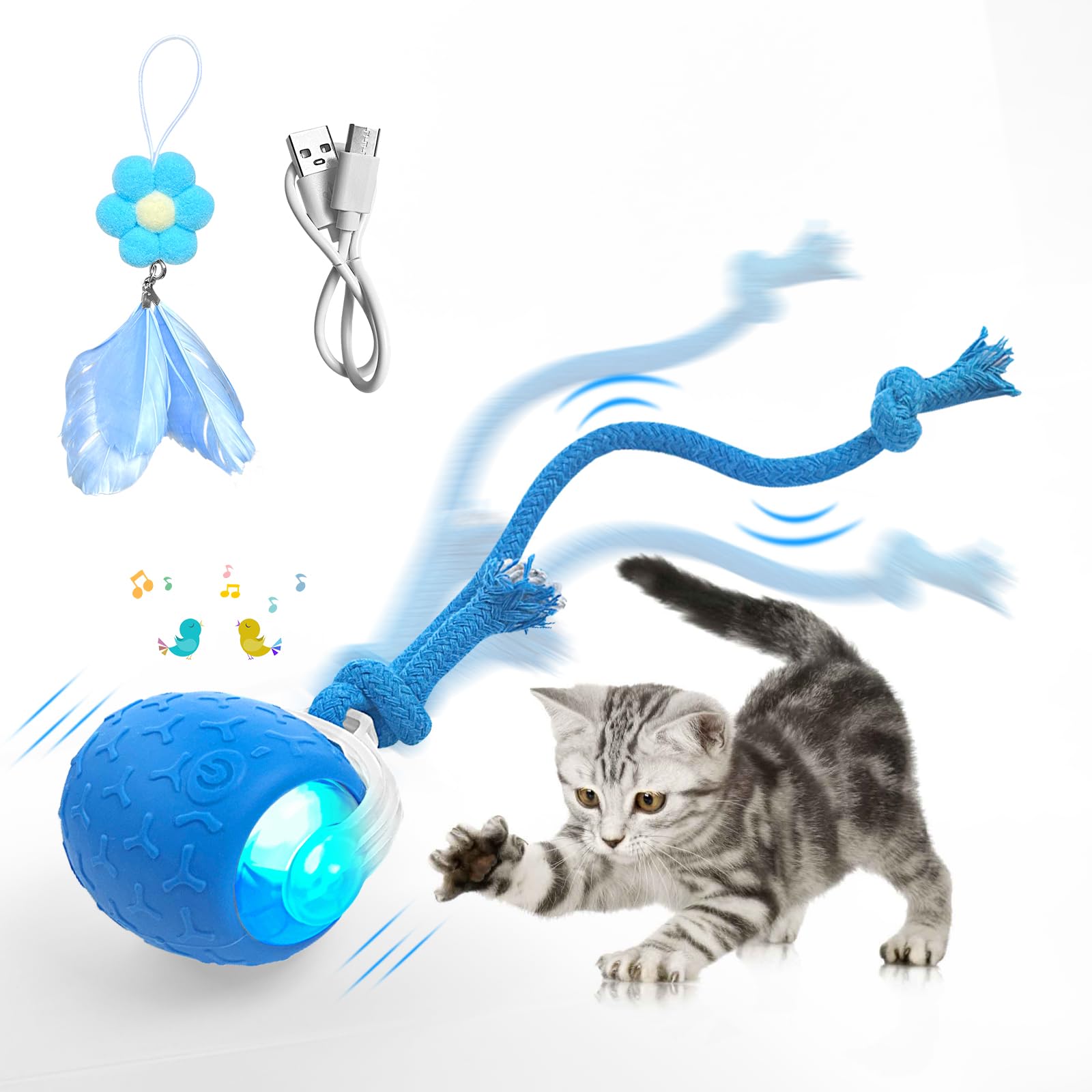 LEUCITE Indoor Cat Toys Ball: Automatic Rolling Ball with Motion-Activated Chirping for Engaging Cats -USB Rechargeable