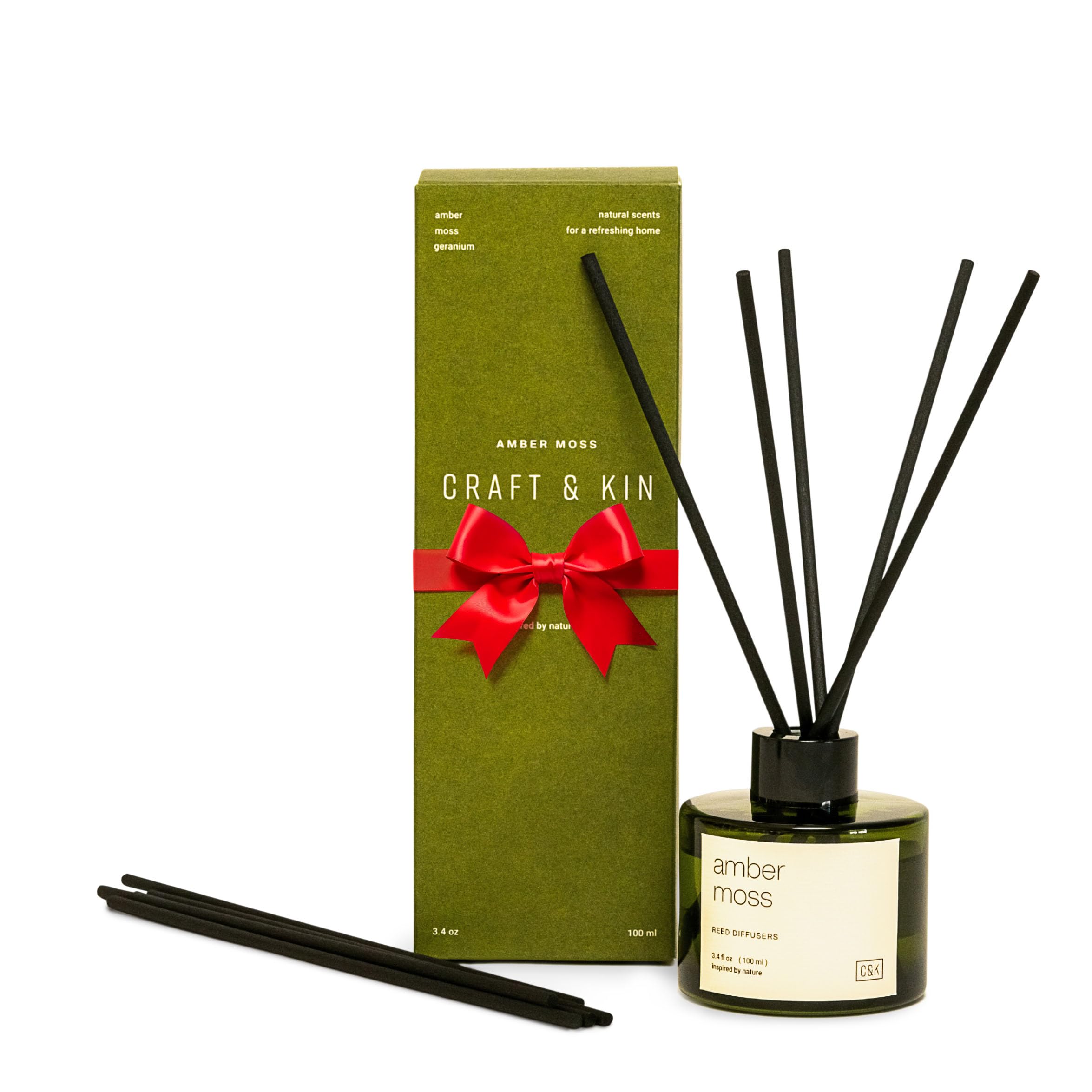 Craft & Kin Amber Moss Christmas Reed Diffuser | All Natural Essential Oil & Rattan Scent Sticks | Holiday Reed Diffusers for Home, Bathroom | Long Lasting Home Fragrance in Green Glass, 3.4oz