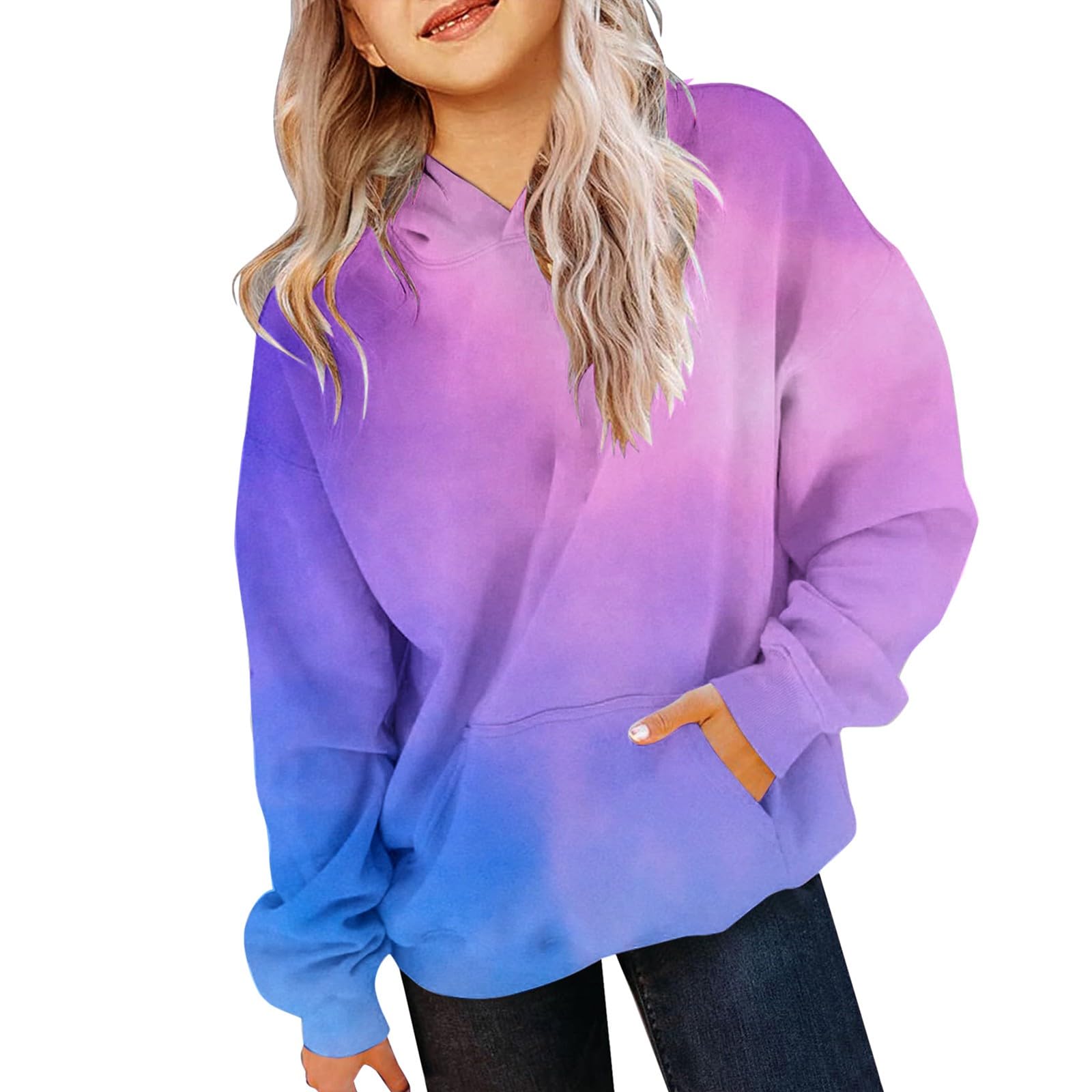 Bluzy z kapturem dla dziewcząt gradient modny sweter z kapturem Tie Dye długi rękaw okrągły dekolt bluza dzieci na co dzień moda oversize sweter