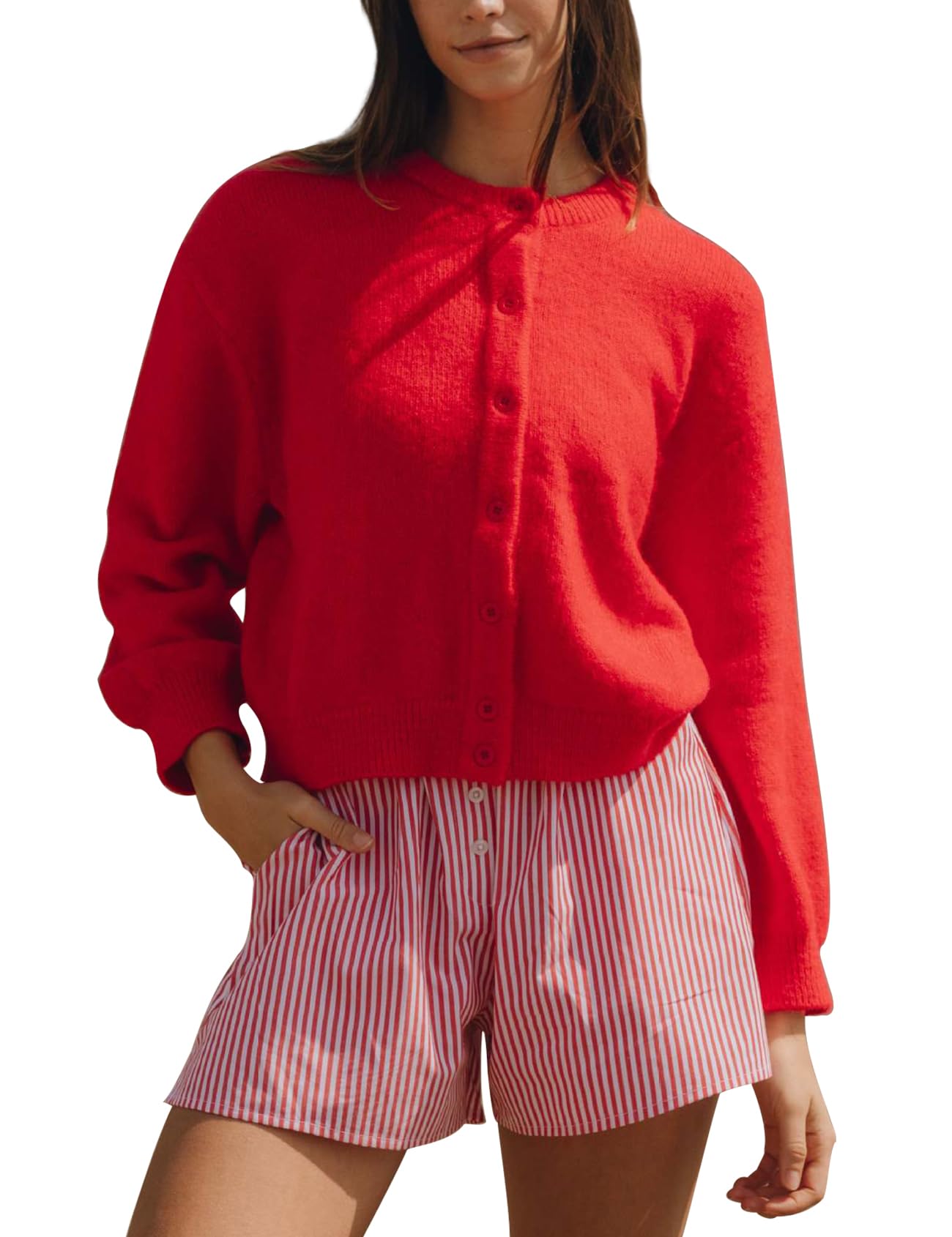 Arssm Womens Button Up Cardigan Sweater Crewneck Long Sleeve Fall Soft Knit Sweater Outwear