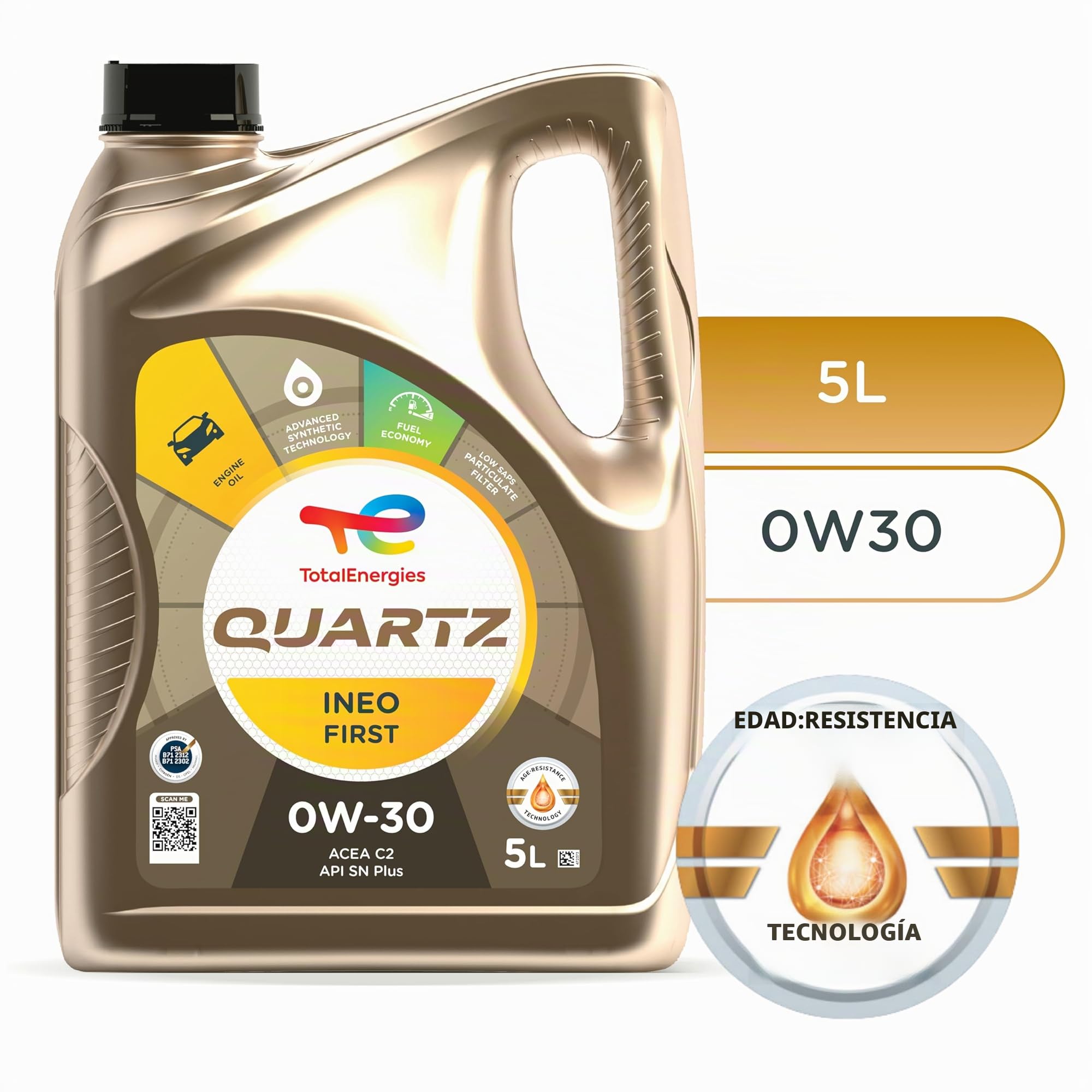 TotalEnergies Quartz INEO First 0W30 - Aceite de Motor Low SAPS, tecnología de Resistencia a la Edad, fórmula de Ahorro de Combustible, lubricante sintético avanzado de Aceite de Motor, 5 litros