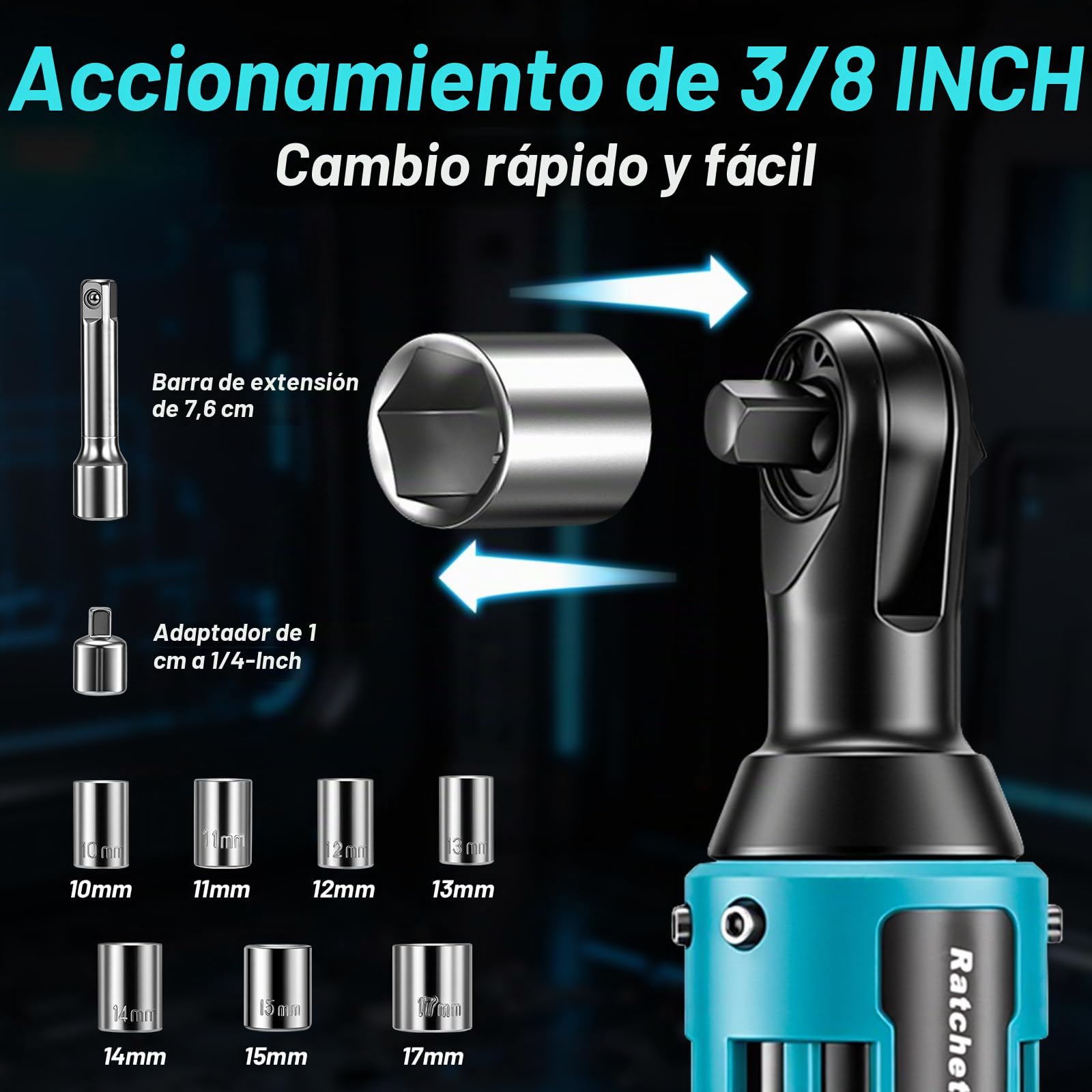 Llave de Carraca Compatible con Makita 18V, 3/8" Llave de Trinquete Inalámbrica, 2 × 4000 mAh Baterías, 320 RPM, Juego de Llaves de Carraca Inalámbricas con Carga Rápida y 9 Llaves de Vaso