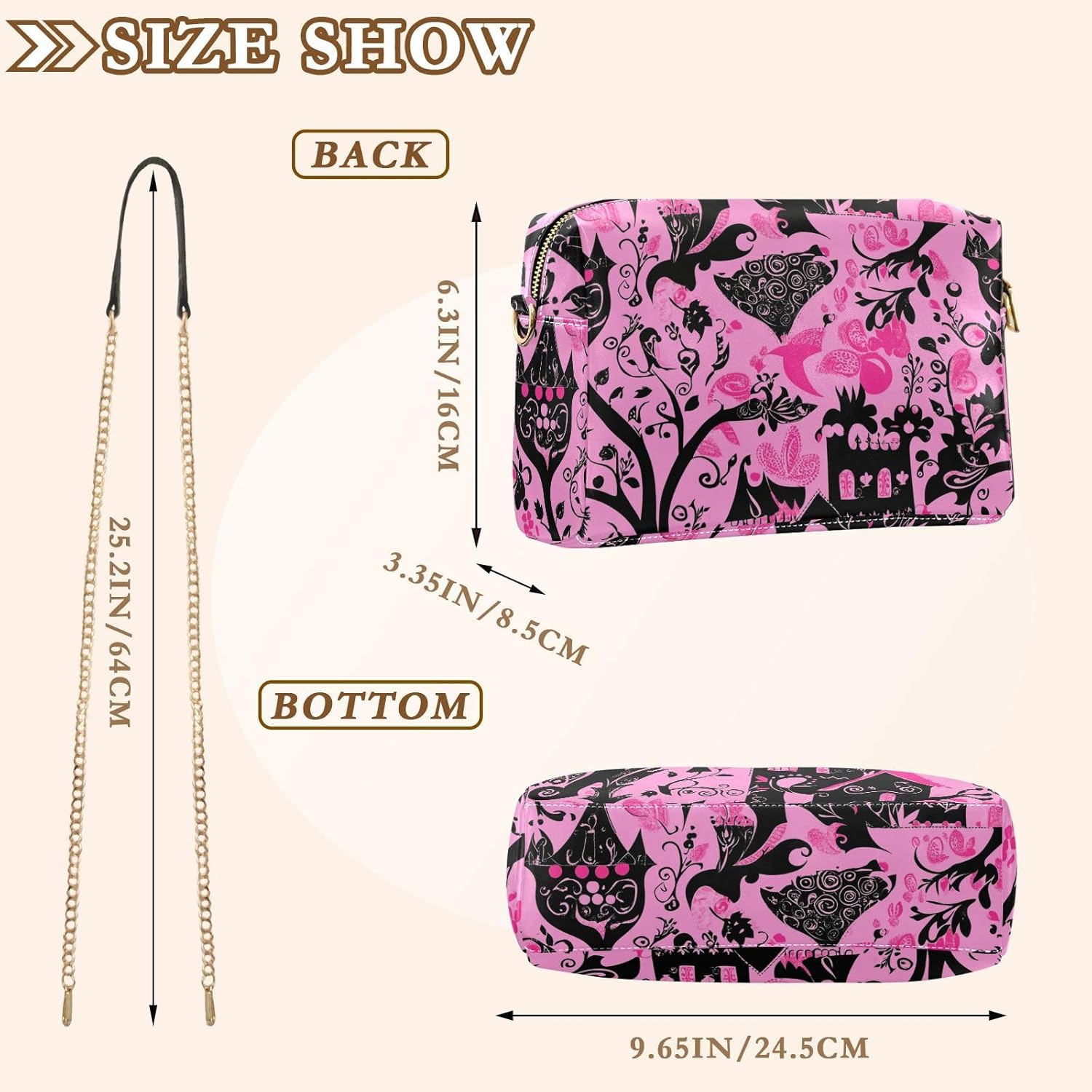 KLL Black and Pink Halloween Castle Fashion Small Crossbody Bags For Women Vegan Leather Purse Bag Waterproof Shoulder Handbags