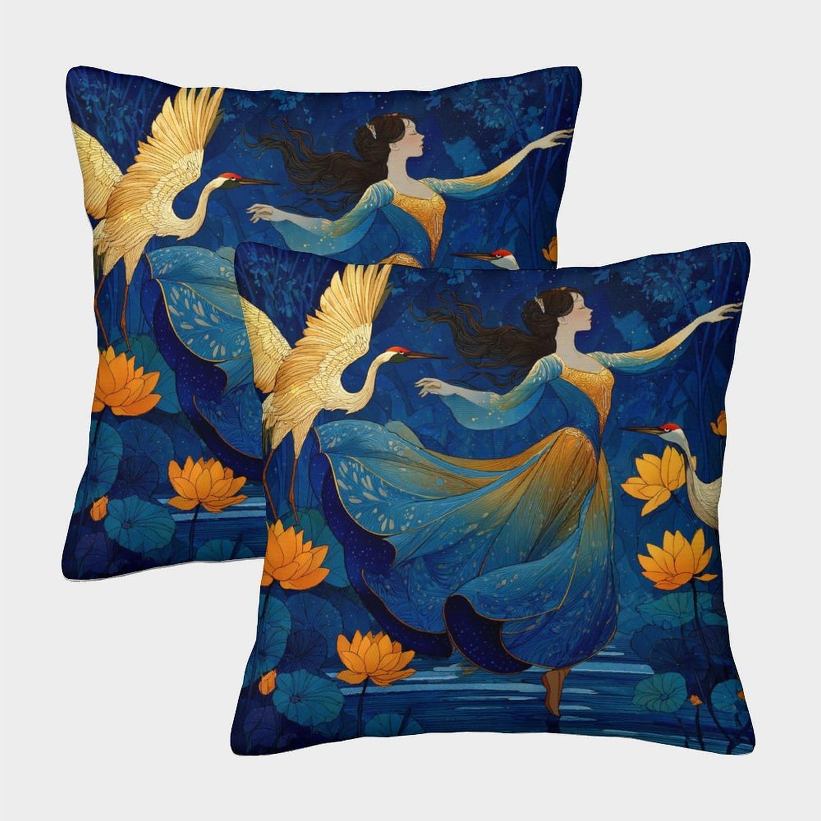 kaiyun 2 Pack A Woman Dances Gracefully Among Lotus Flowers by The Lake Luxury Digital Printed Soft 3D Themed Square Cushion Cover 40x40cm
