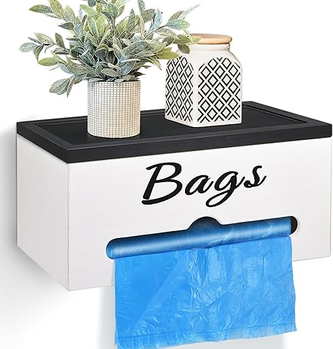 Soporte para bolsas de basura extra grande con tapa, soporte rústico para bolsas de comestibles montado en la pared, soporte para rollo de bolsas de