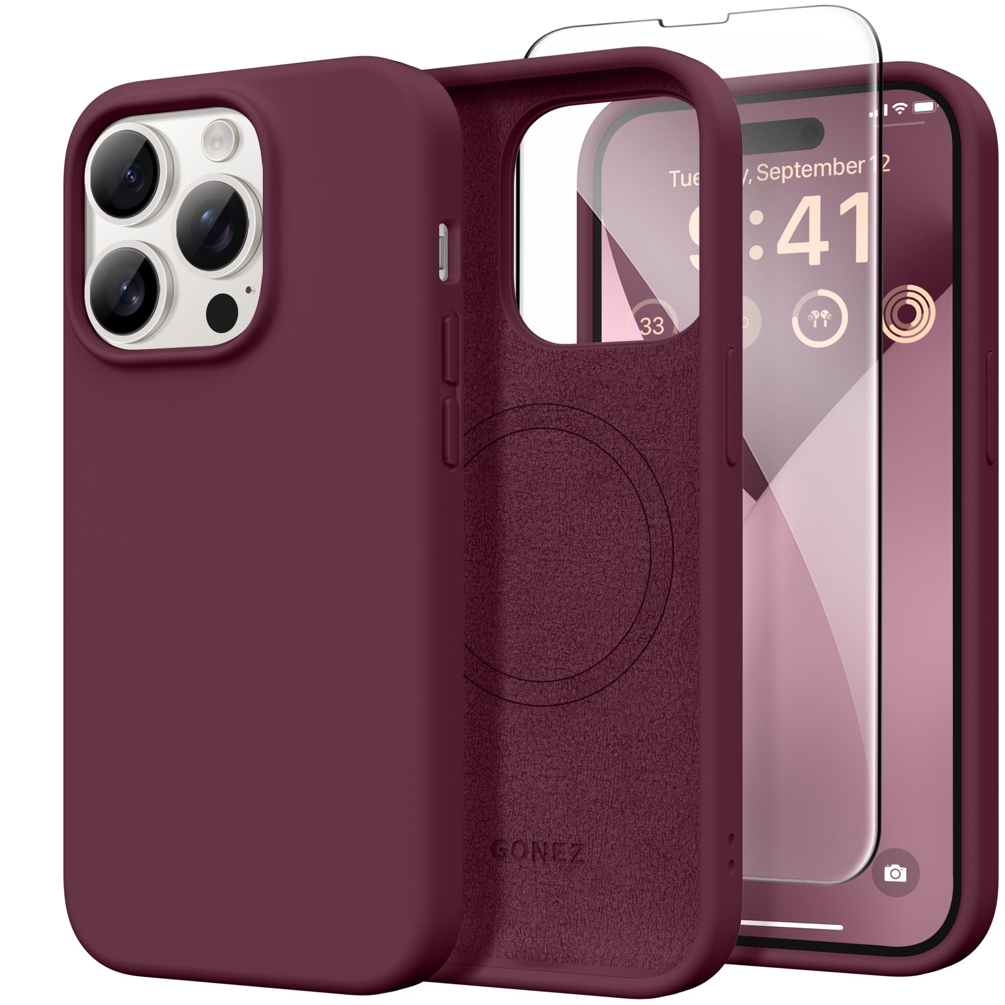 GONEZ Magnetic for iPhone 14 Pro Case, Silicone Cover Wine Red