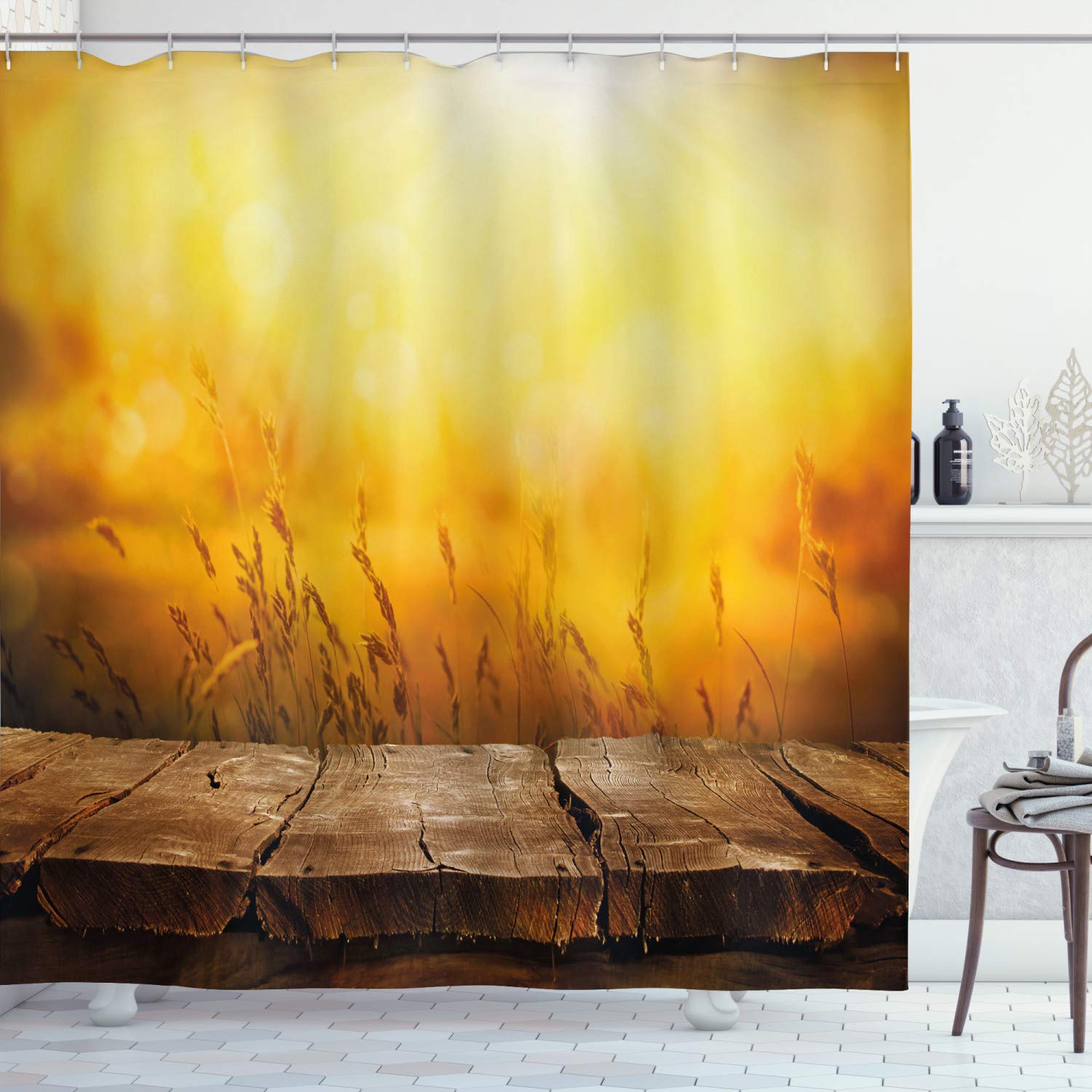 ABAKUHAUS Fall Shower Curtain, Empty Wooden Tabletop Layout Setting Sun Afternoon Wheat Agriculture Print