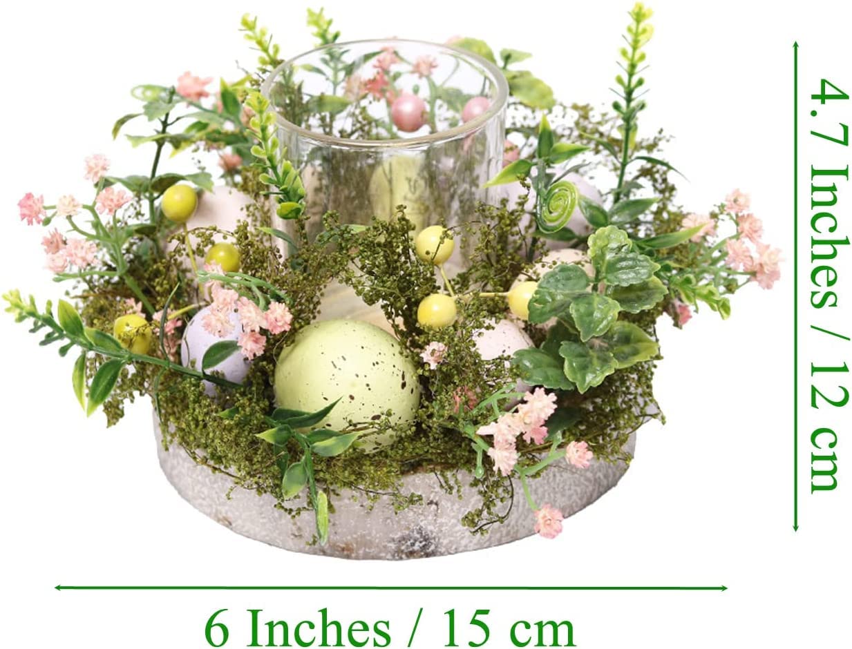 Colorful Easter Eggs Glass Tealight Candle Holder Cup, Candle Sticks lamp Tea Light Candlestick Holder with Artificial Plants Flowers for Spring Easter Home Table Centerpiece Decor (Exclude Candles)
