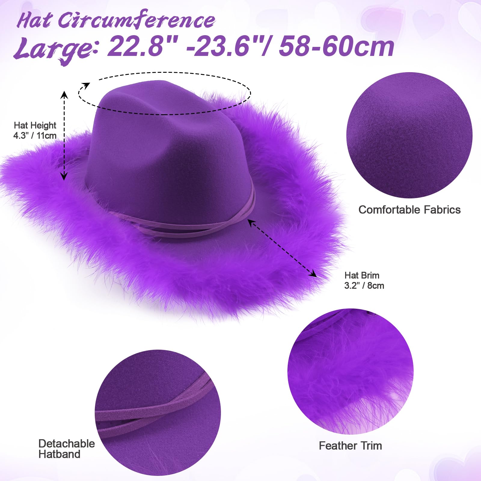 DRESHOW Sombrero de Vaquero Mujer con ala de Plumas Sombrero de Vaquera con Gafas de Sol en Forma de Corazón Western Sombreros de Vaquero de Fieltro para Vaquera Vestir Disfraz de Halloween
